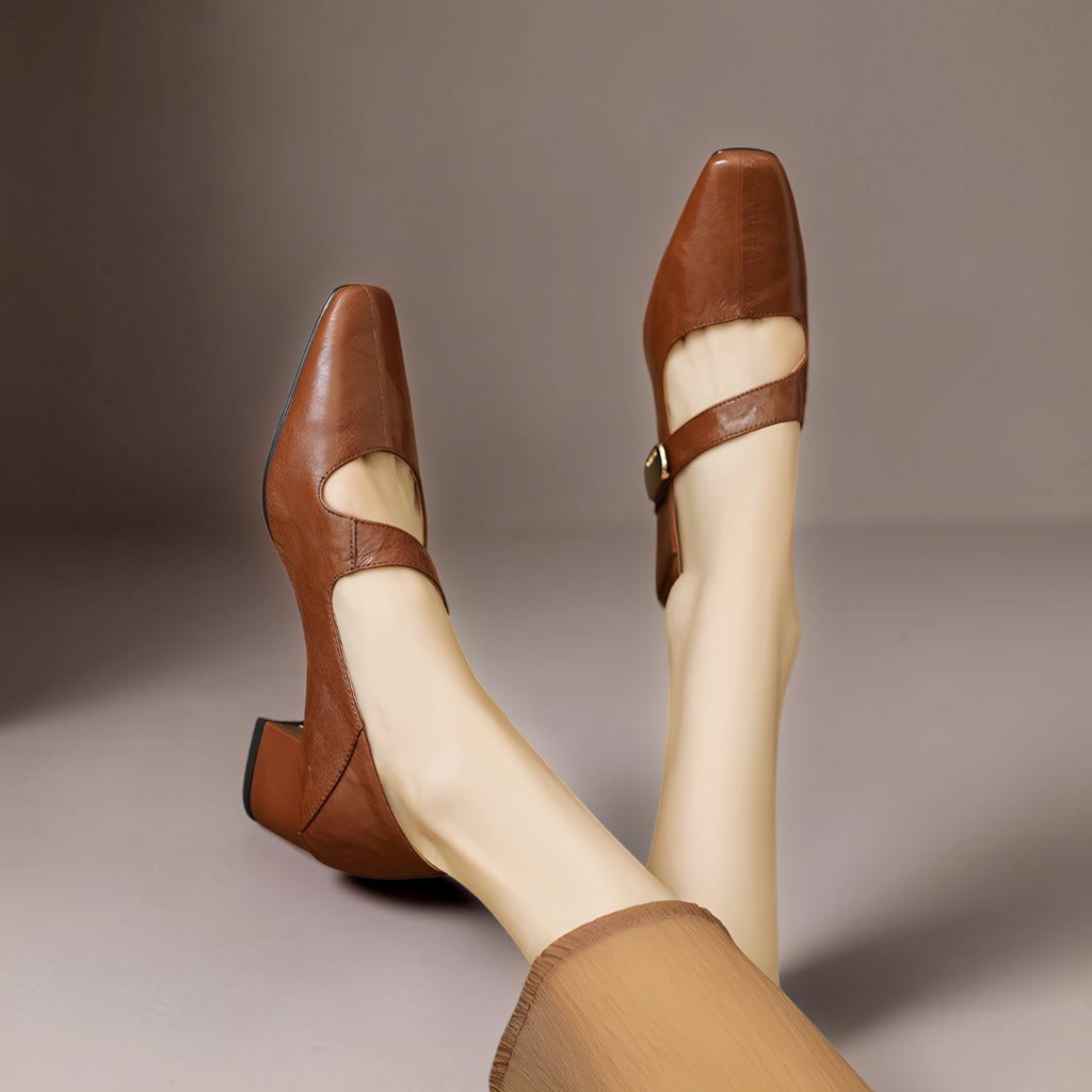 Quera | Chiseled Square-Toe Mary Jane Pump with Gold Bit