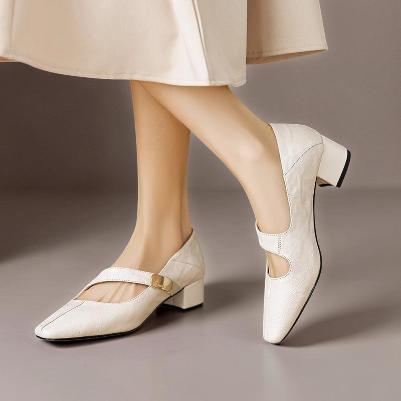 Quera | Chiseled Square-Toe Mary Jane Pump with Gold Bit