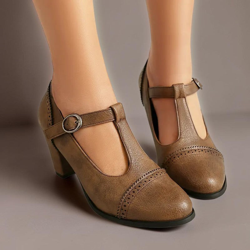 Wilhelmina | T-Strap Brogue Heels with Punched Detailing