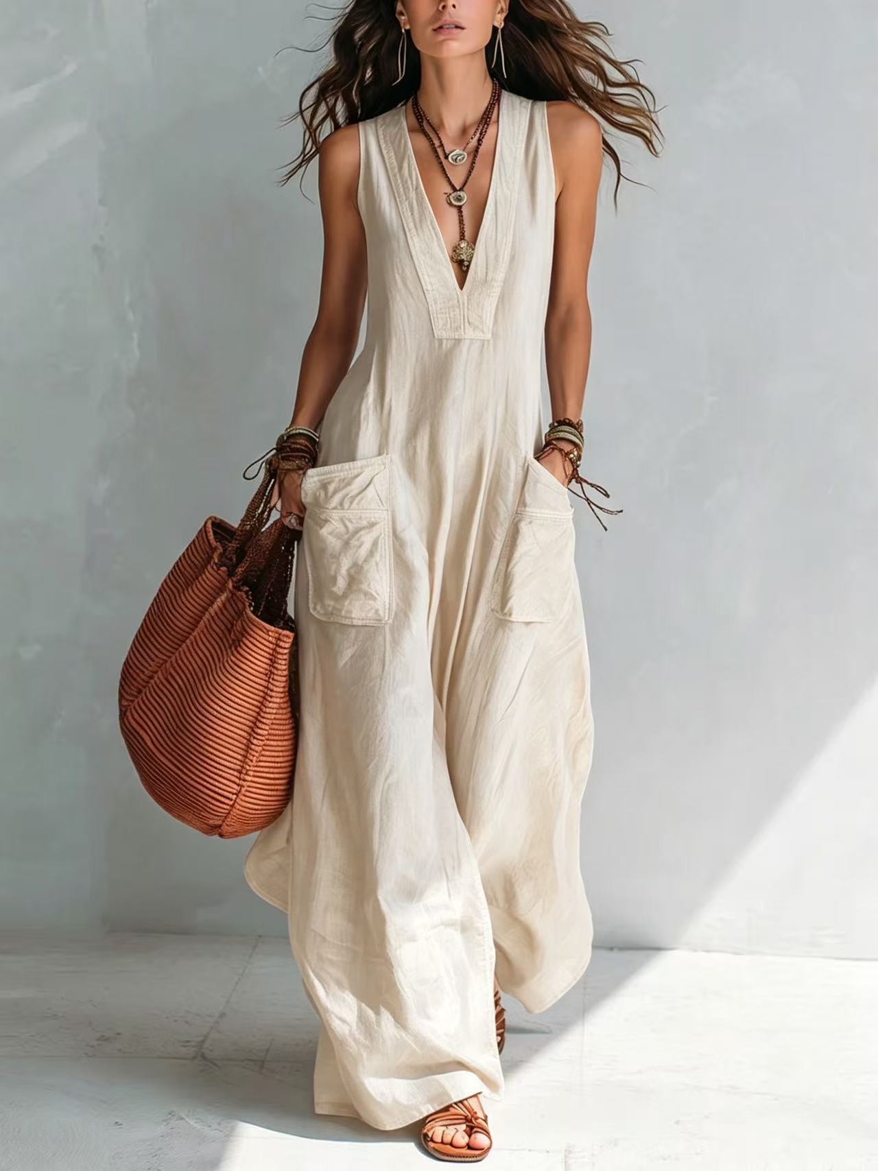 Solid-color V-neck loose-fit Euro-American style jumpsuit with large pockets