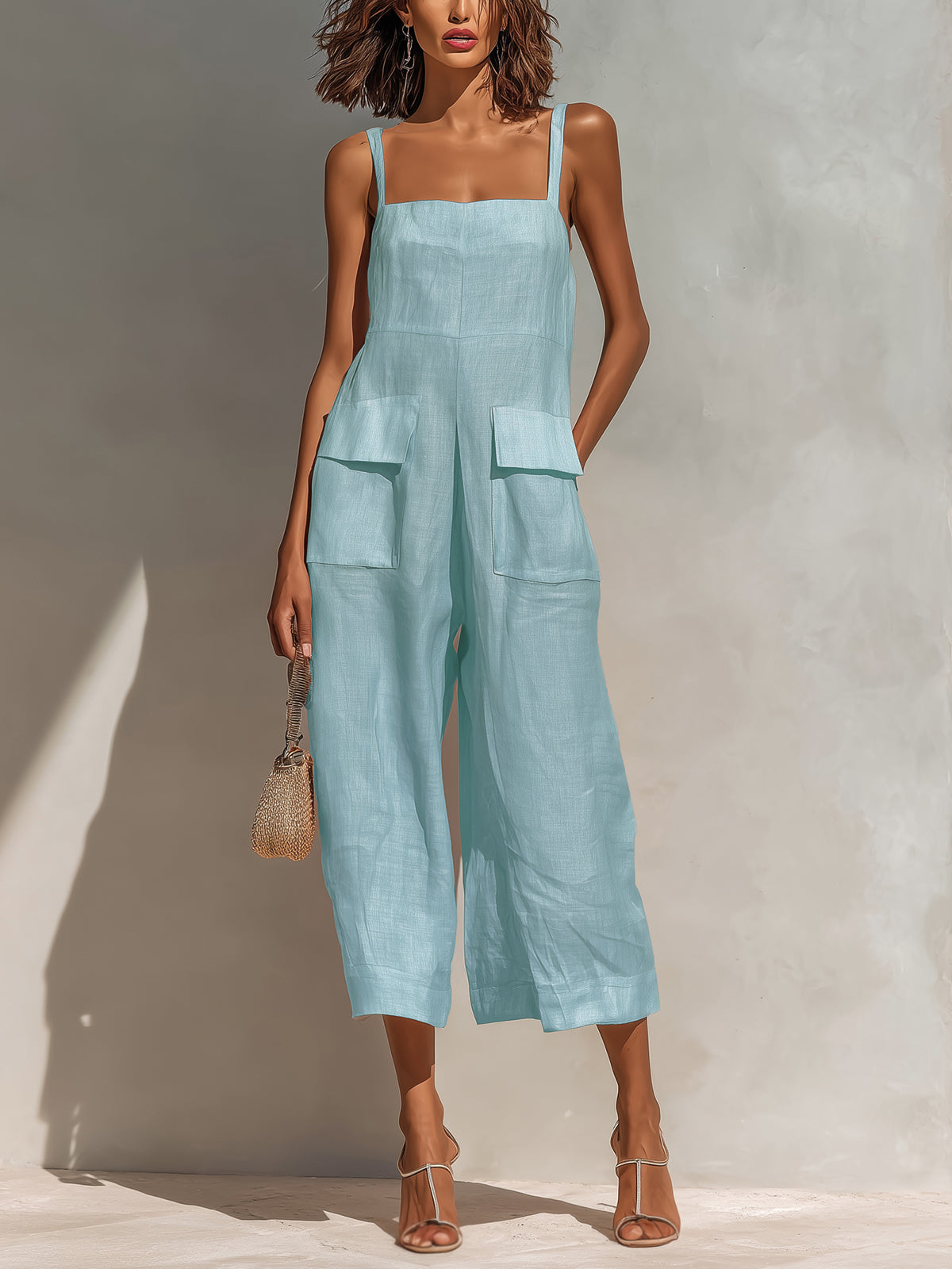 Vittoria Chic Elegant Pink Cotton Linen Blend Thin Straps Sleeveless  Patch Pockets Loose-Fit Wide-Leg Cropped Jumpsuit