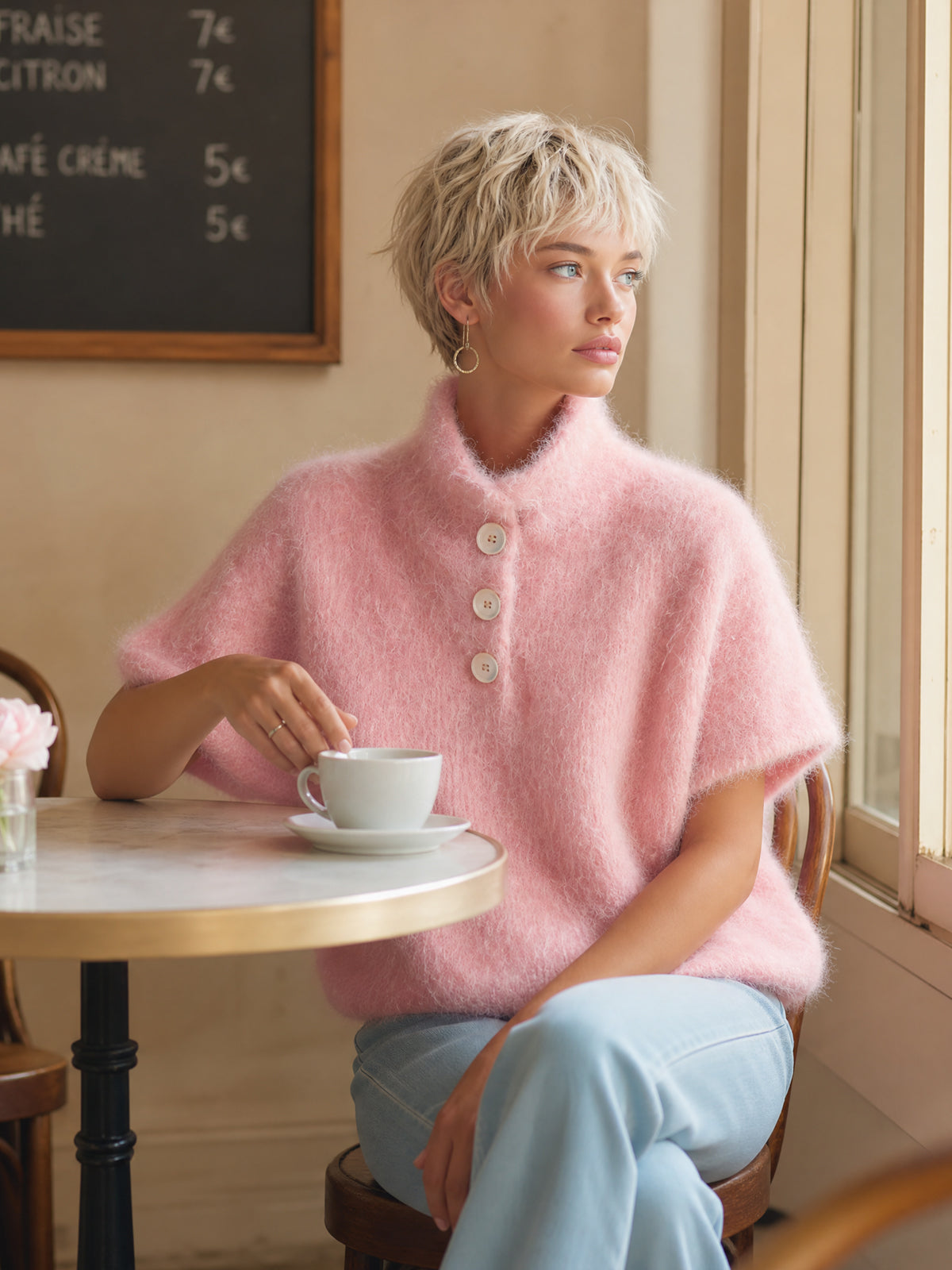Morwenna™ Pink Button Fuzzy Sweater