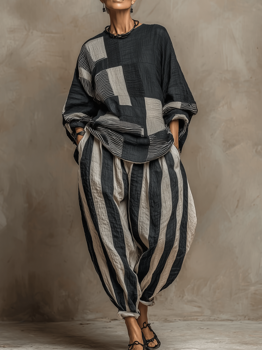 Casual Color-Block Printed Crewneck Loose-Fit Long-Sleeve Top And Pants Set