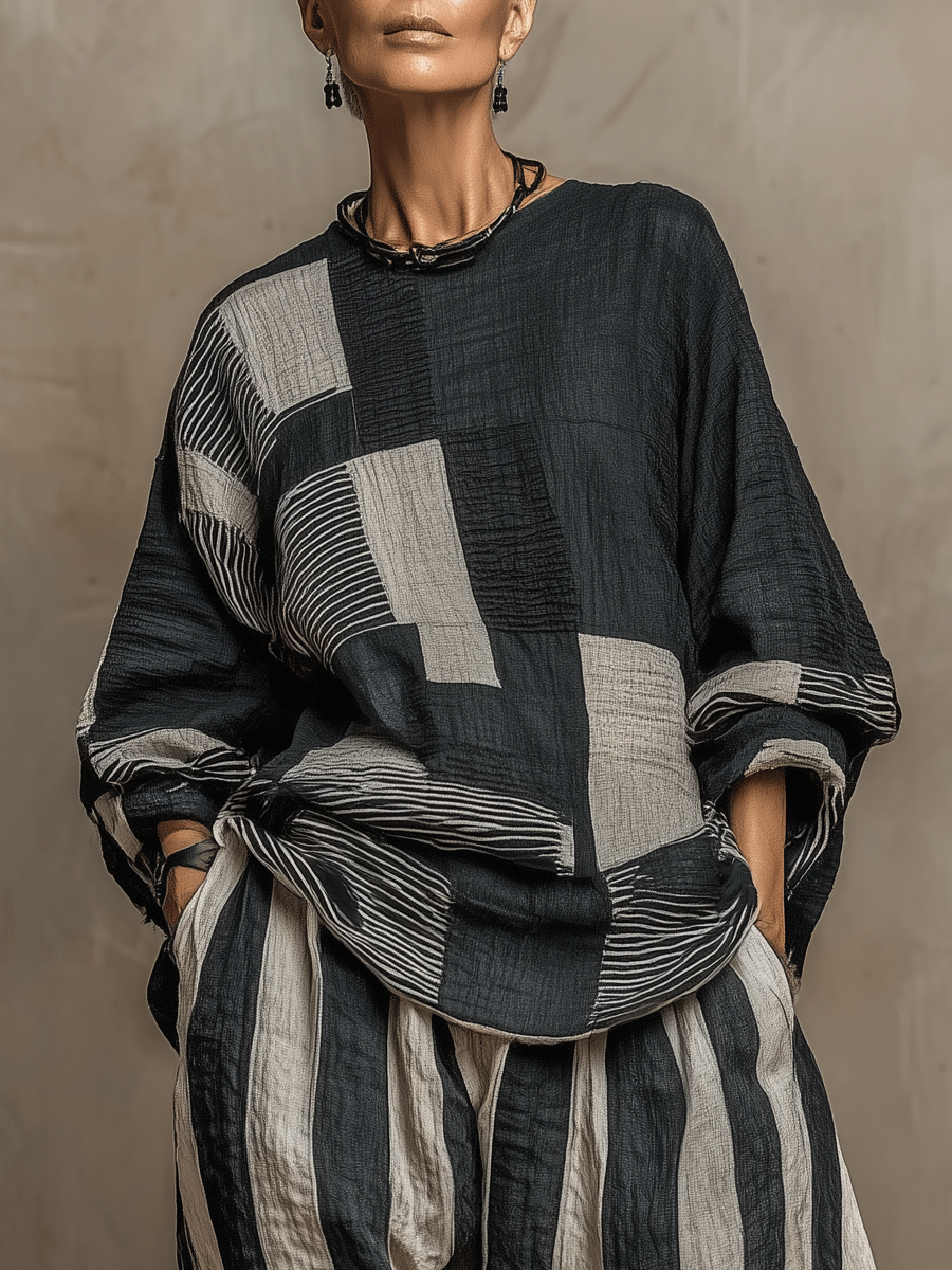 Casual Color-Block Printed Crewneck Loose-Fit Long-Sleeve Top And Pants Set