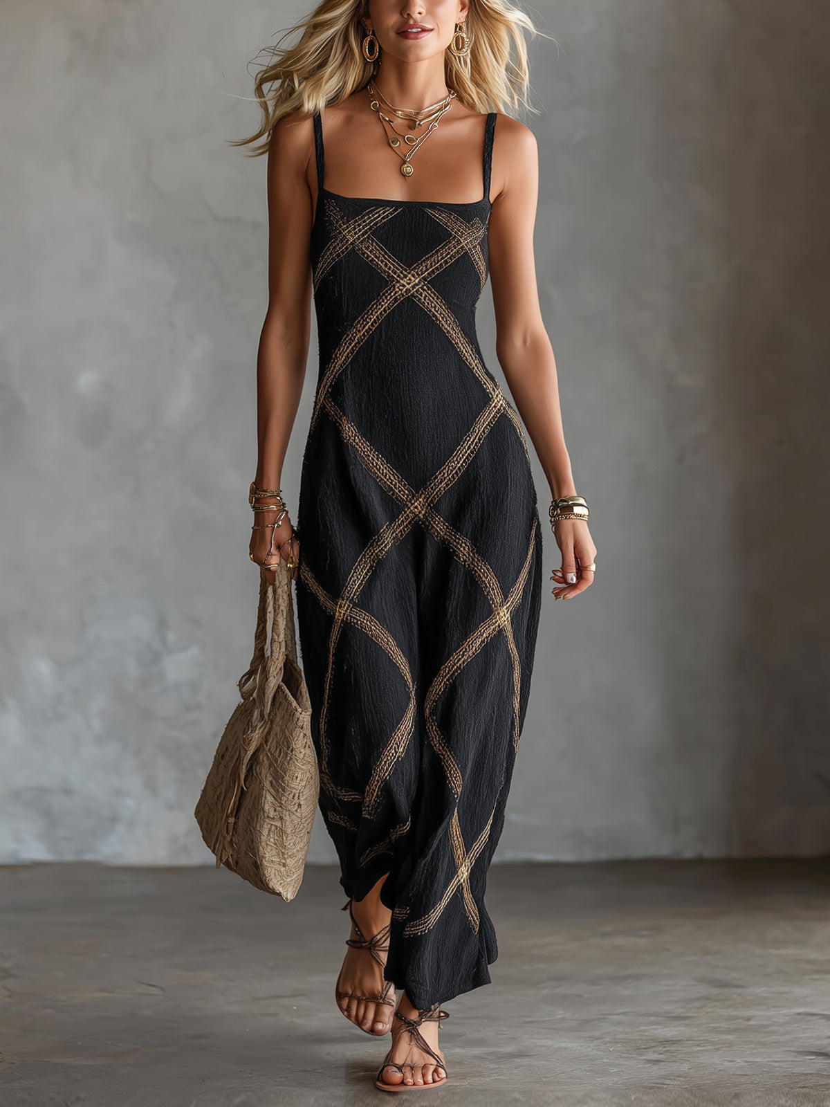 Léa Chic Elegant Black-Camel Geometrical Printed Spaghetti Straps Square-Neck Sleeveless A-Line Maxi Dress