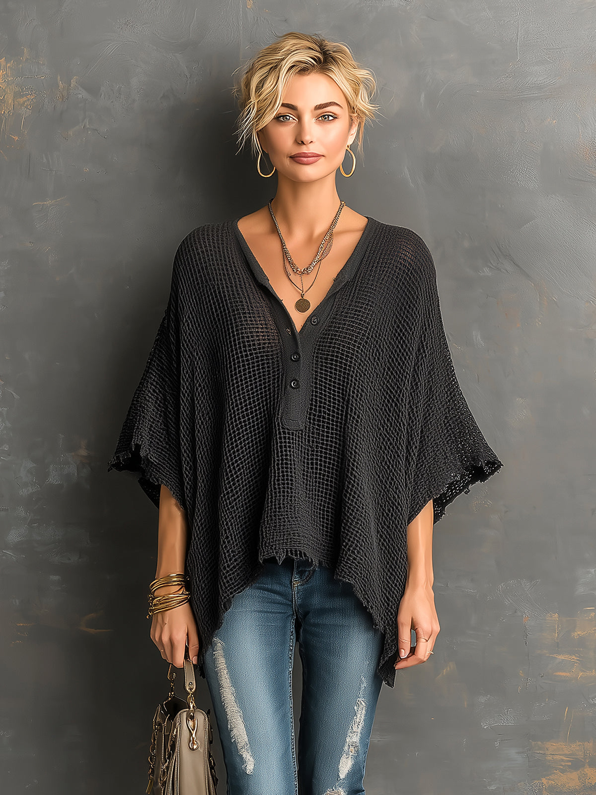 Jane Chic Casual Black Henley Collar Dropped Shoulder Batwing-Sleeve Raw Edge Detail Loose-Fit Sweater