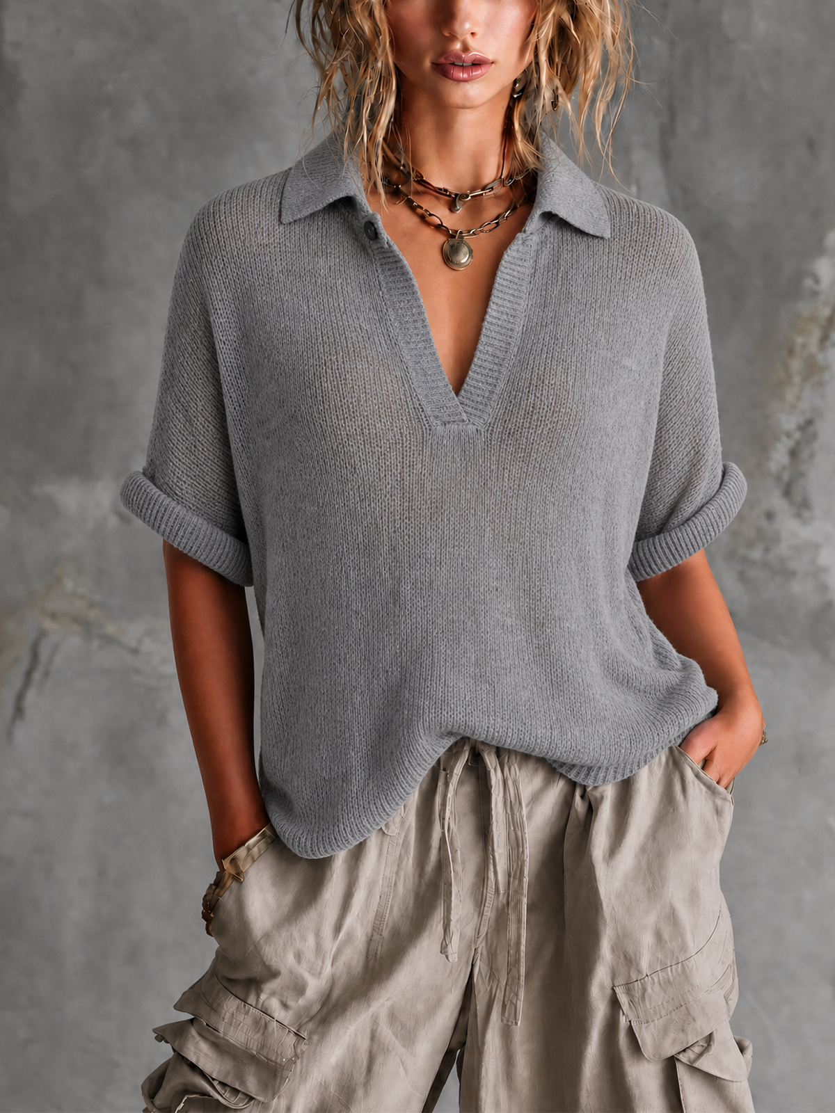 Beatrix™ Grey Button Mesh Sweater