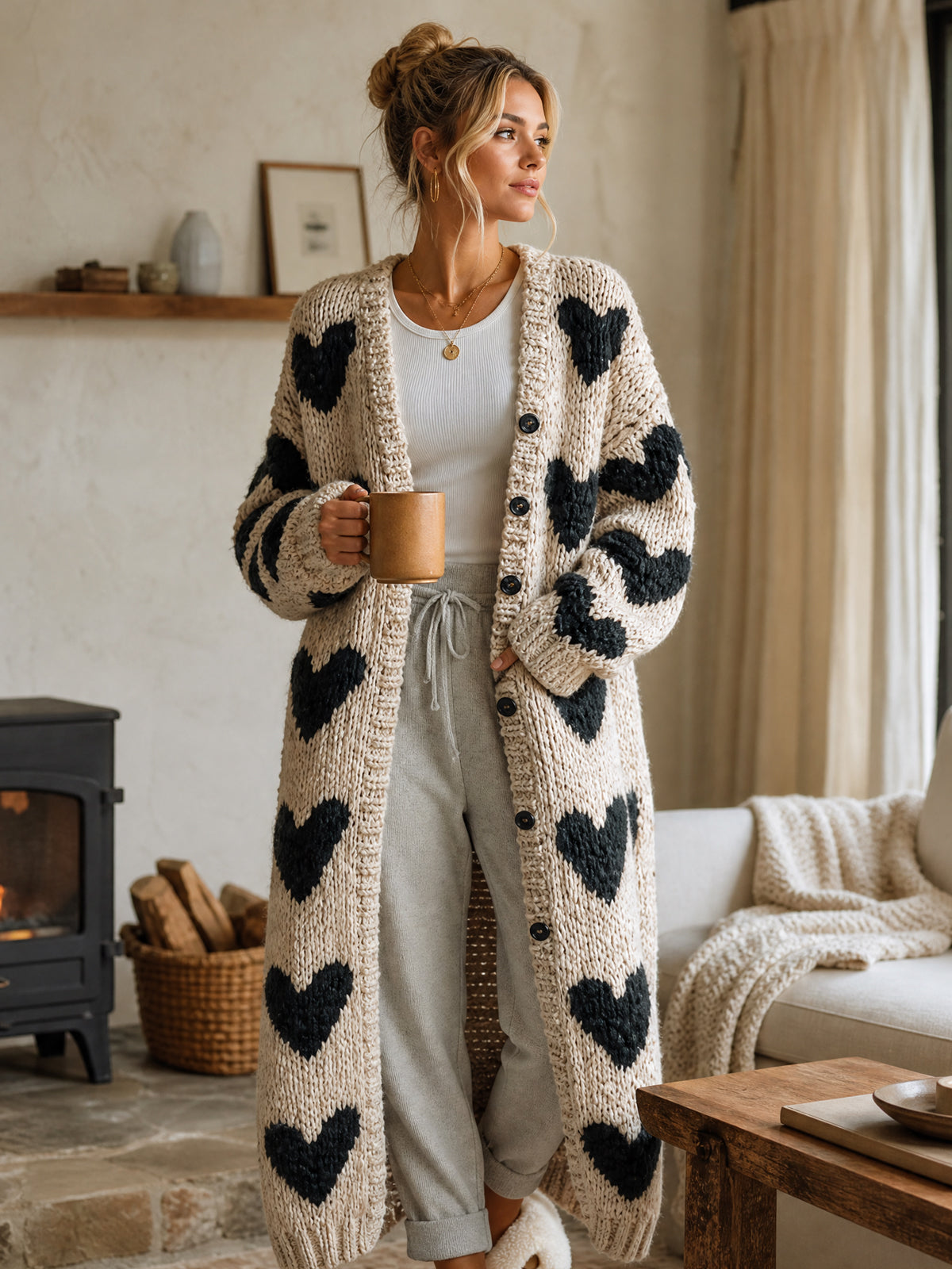 Marisol™ Heart Jacquard Long Cardigan