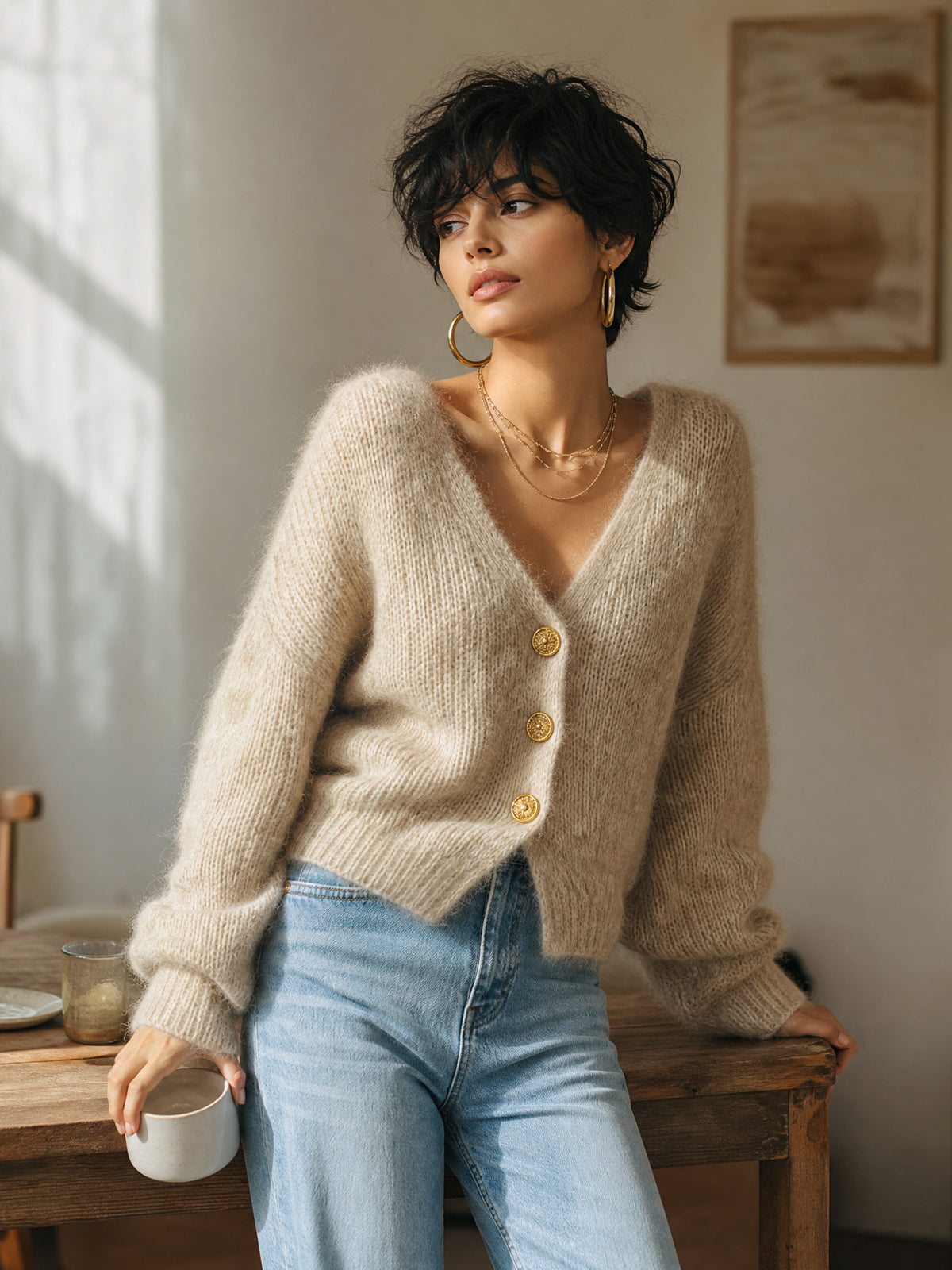 Salome™ Camel Fuzzy Knit Cardigan