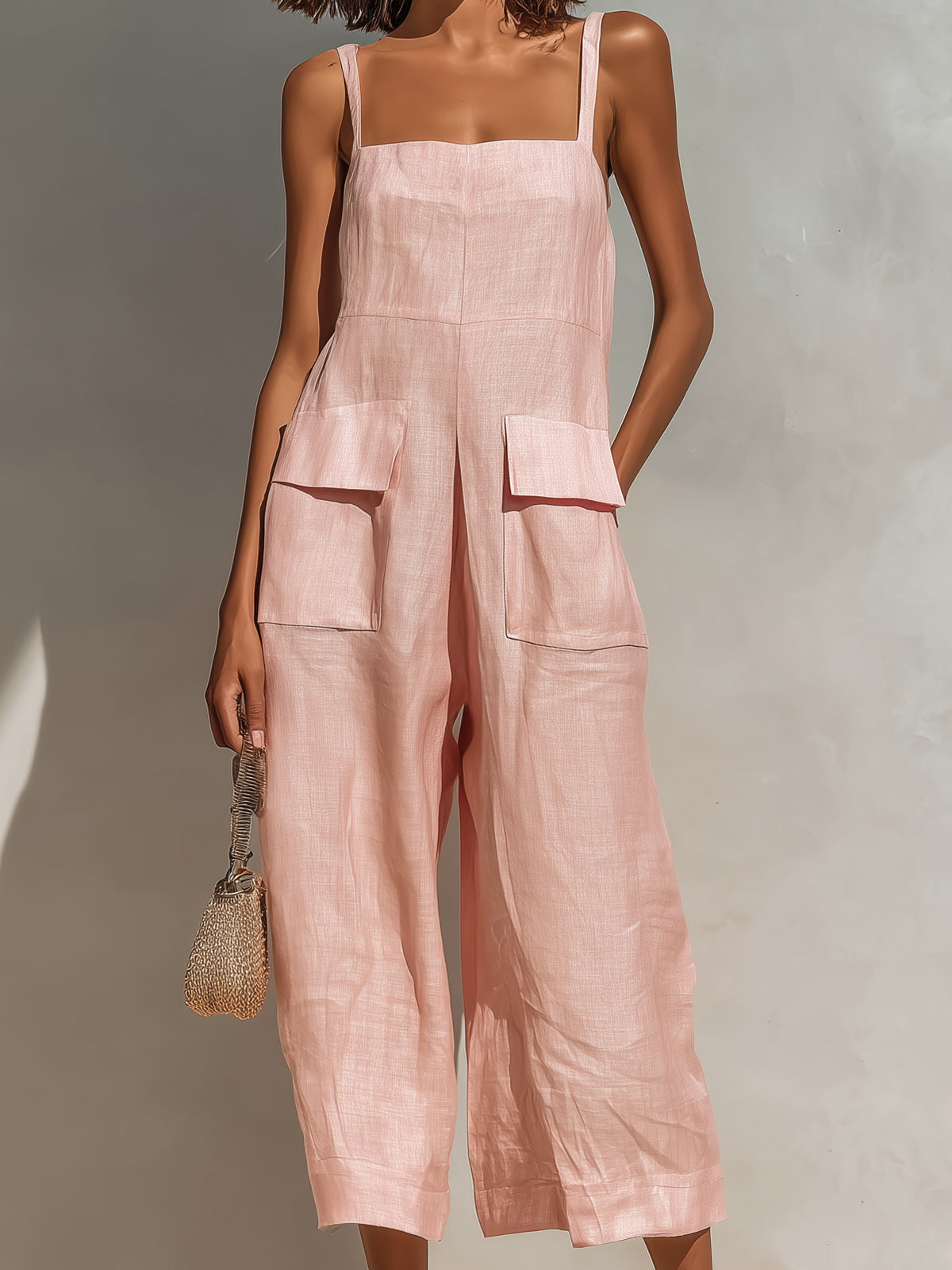 Vittoria Chic Elegant Pink Cotton Linen Blend Thin Straps Sleeveless  Patch Pockets Loose-Fit Wide-Leg Cropped Jumpsuit