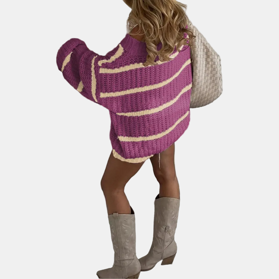 Women's Oversized Off Shoulder Striped Knit Sweater