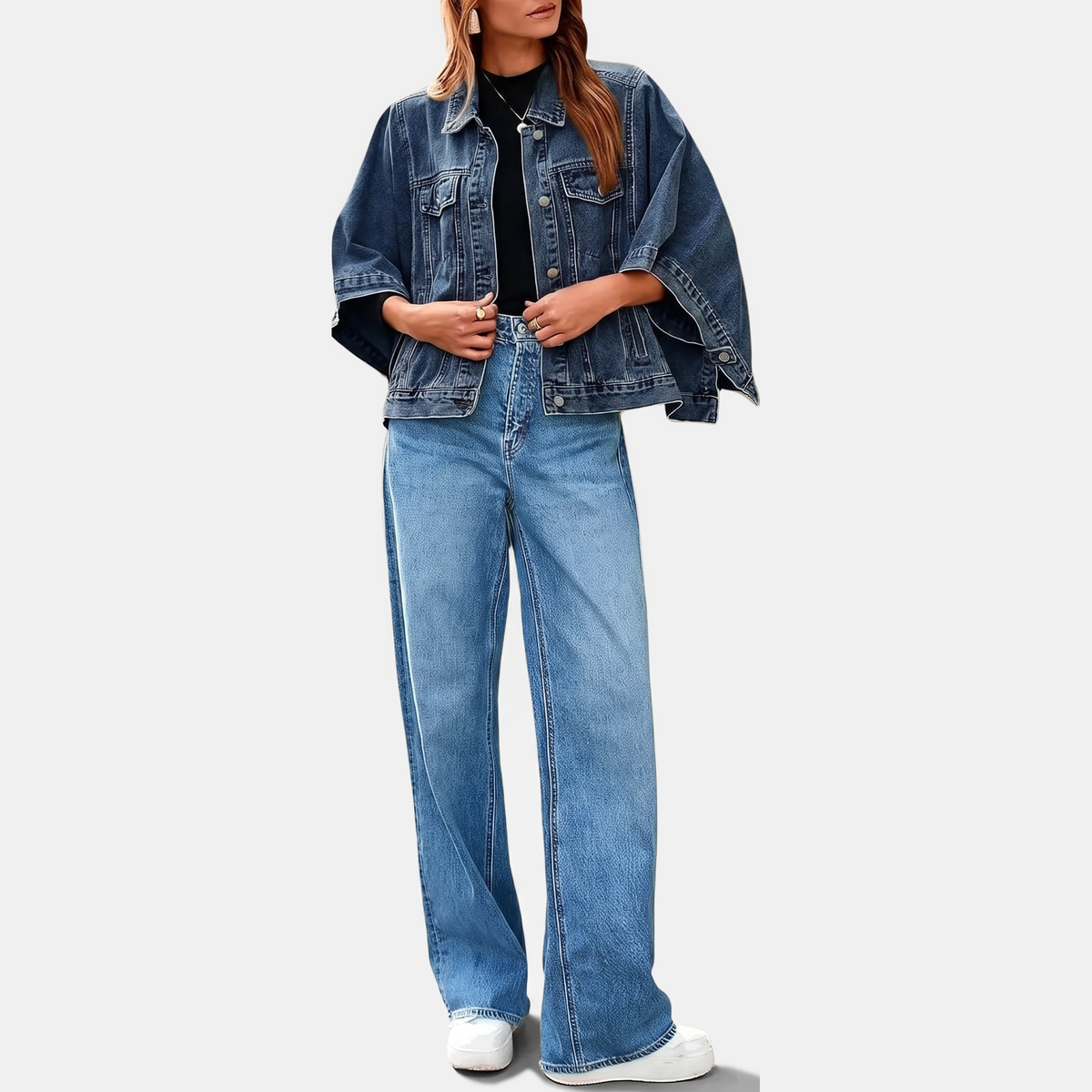 Women's Batwing Sleeve Cropped Denim Jacket Oversized Cape