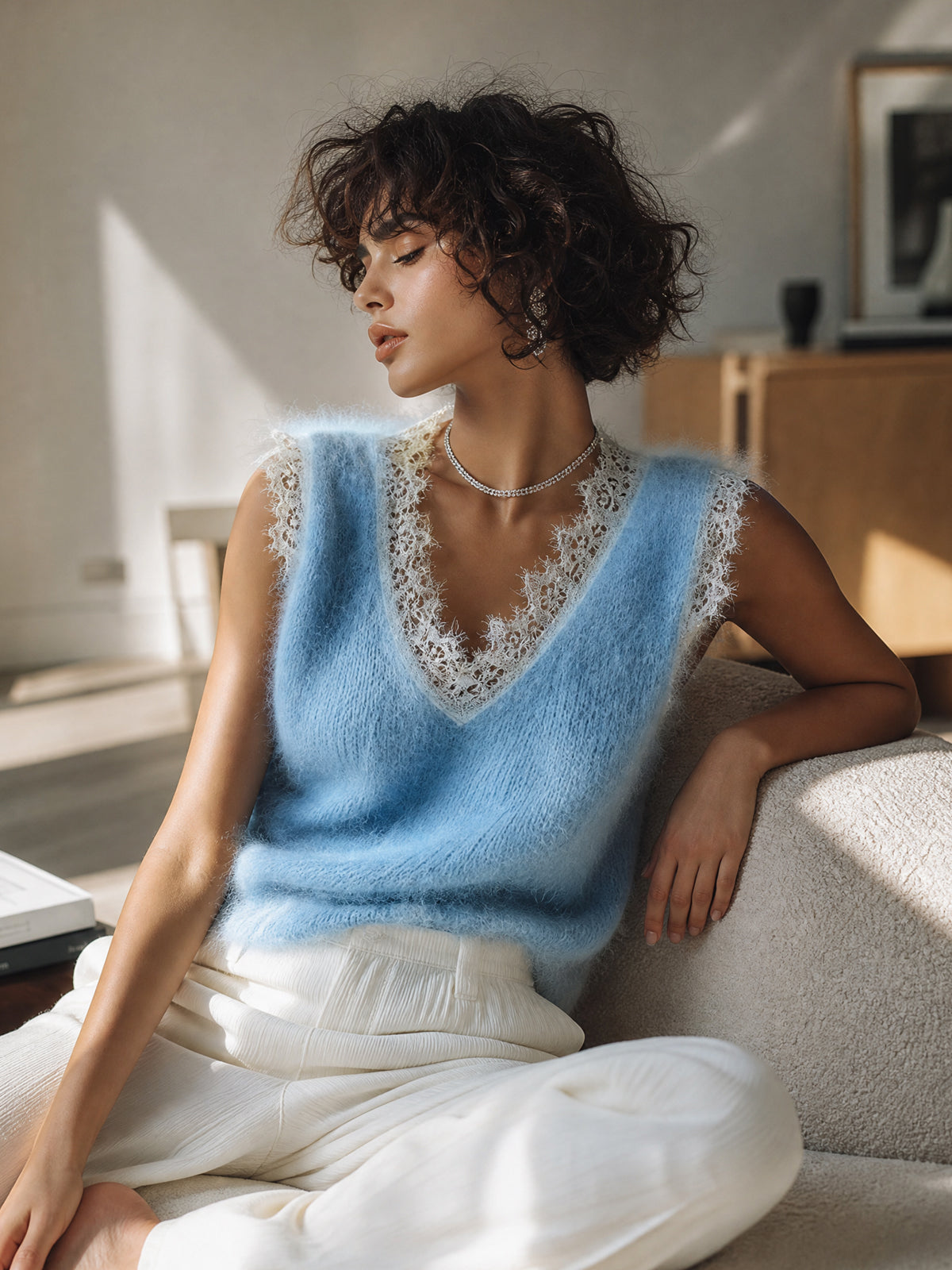 Quintessa™ Lace Trim Fuzzy Tank Top