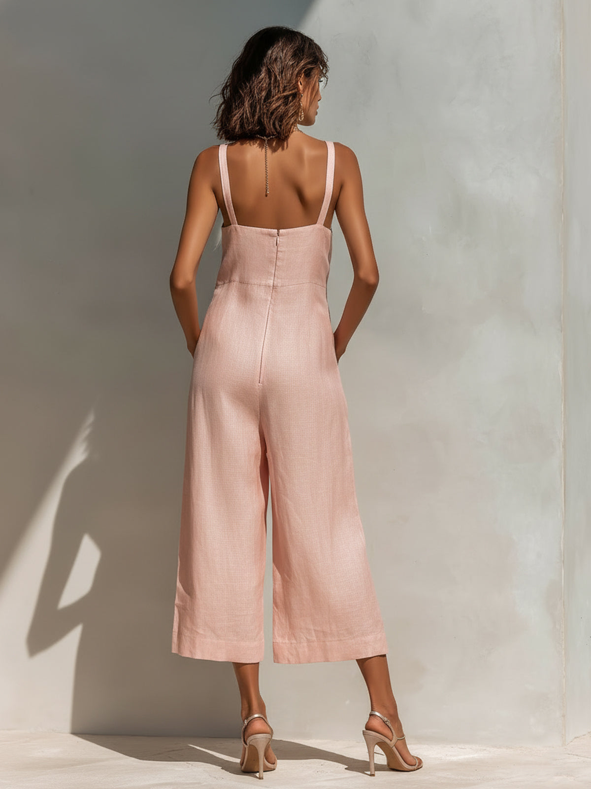 Vittoria Chic Elegant Pink Cotton Linen Blend Thin Straps Sleeveless  Patch Pockets Loose-Fit Wide-Leg Cropped Jumpsuit