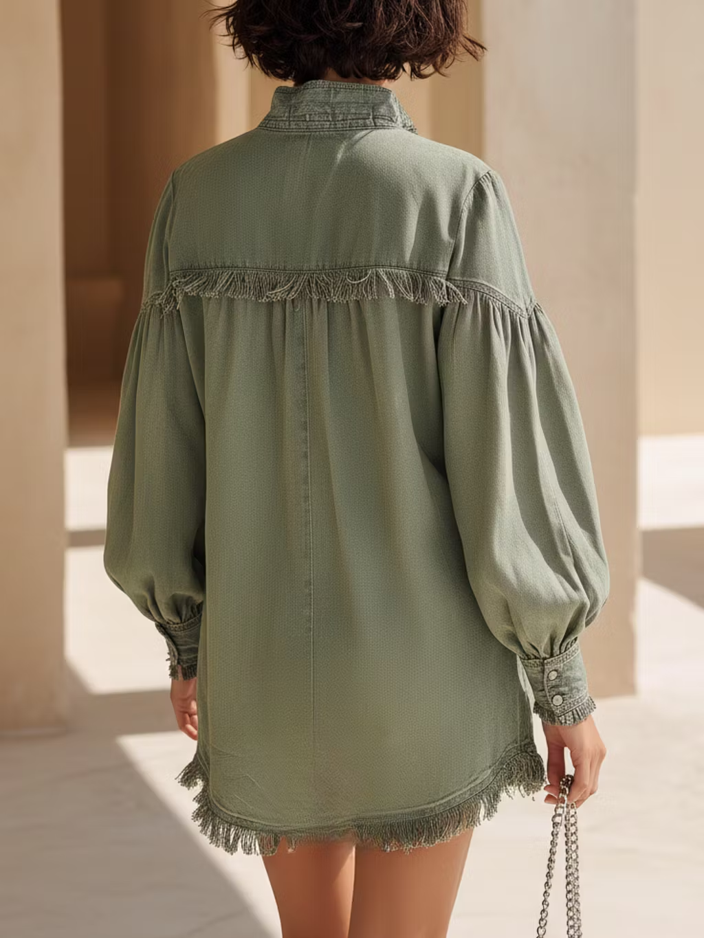 Olive Green Washed Denim Long Sleeve Loose Mini Dress