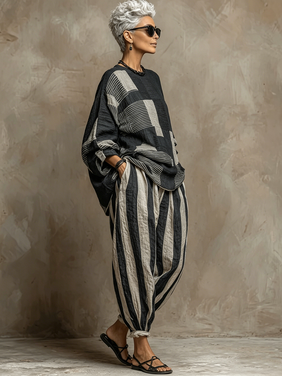 Casual Color-Block Printed Crewneck Loose-Fit Long-Sleeve Top And Pants Set