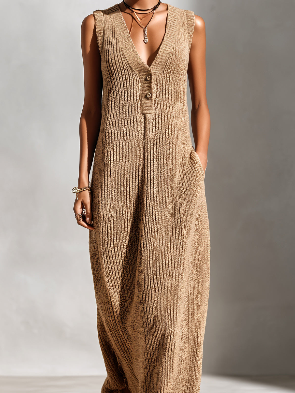Iolanthe™ Camel Button Ribbed Maxi Dress
