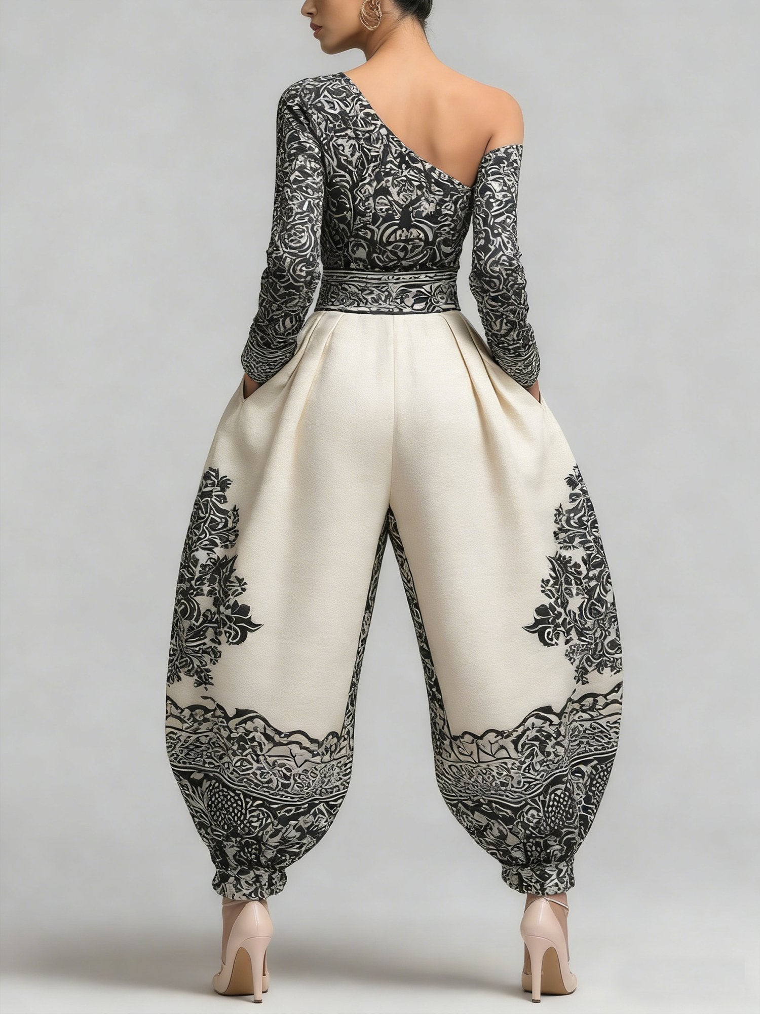 Black & White Vintage Floral One Shoulder Pocketed Harem Jumpsuit