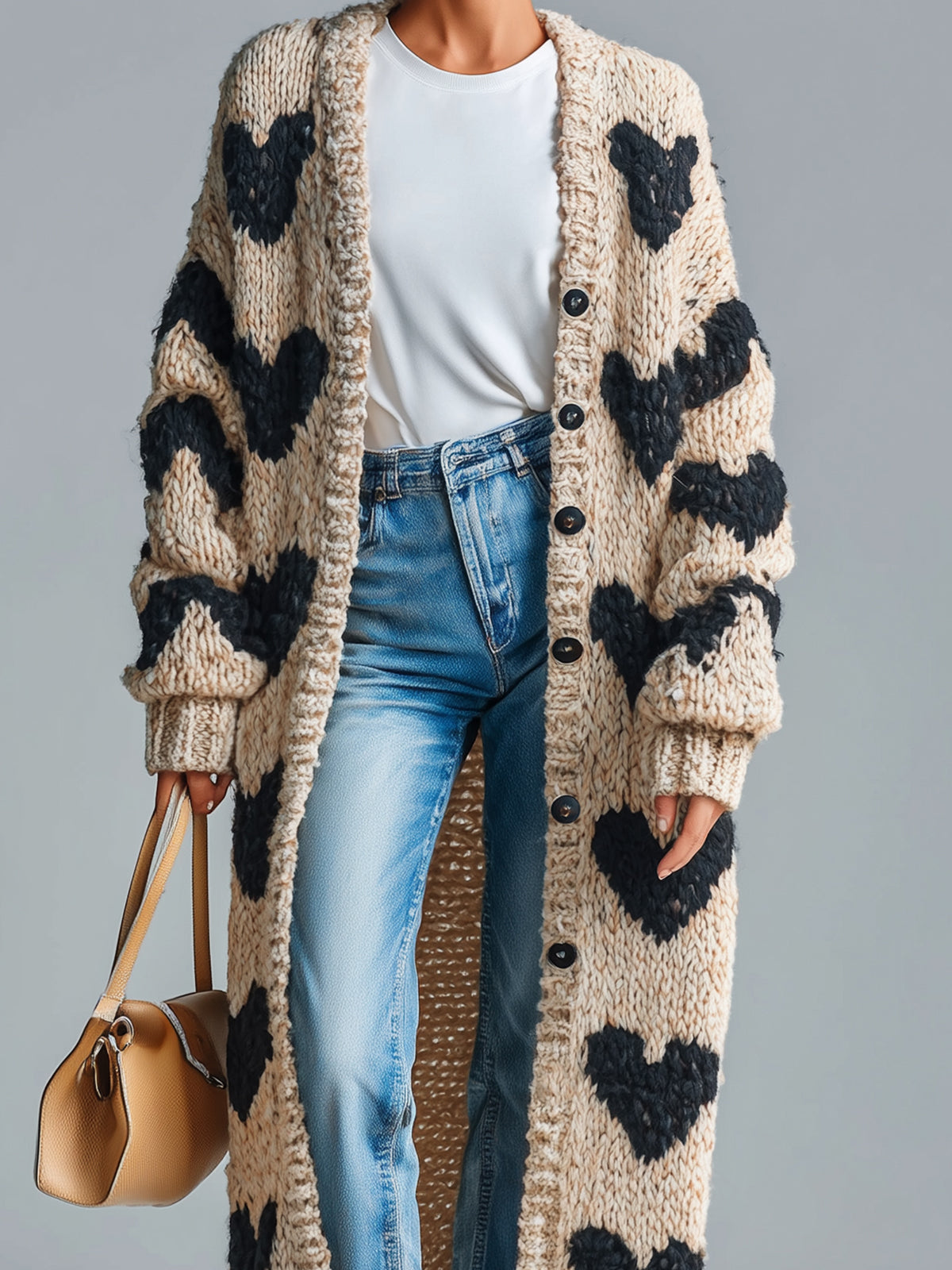 Marisol™ Heart Jacquard Long Cardigan
