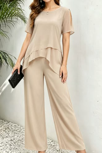 Embellished Keyhole Chiffon Overlay Pant Set