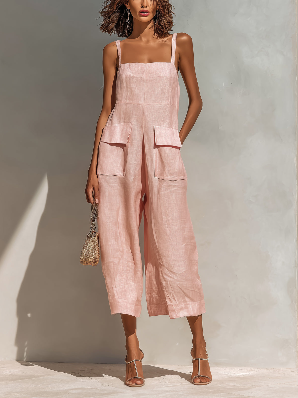 Vittoria Chic Elegant Pink Cotton Linen Blend Thin Straps Sleeveless  Patch Pockets Loose-Fit Wide-Leg Cropped Jumpsuit