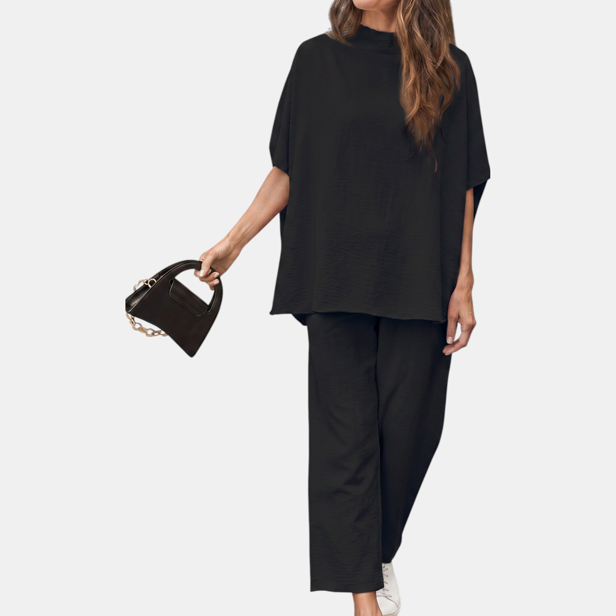 Women's Mock Neck Lounge Set Wide Leg Cropped Pants