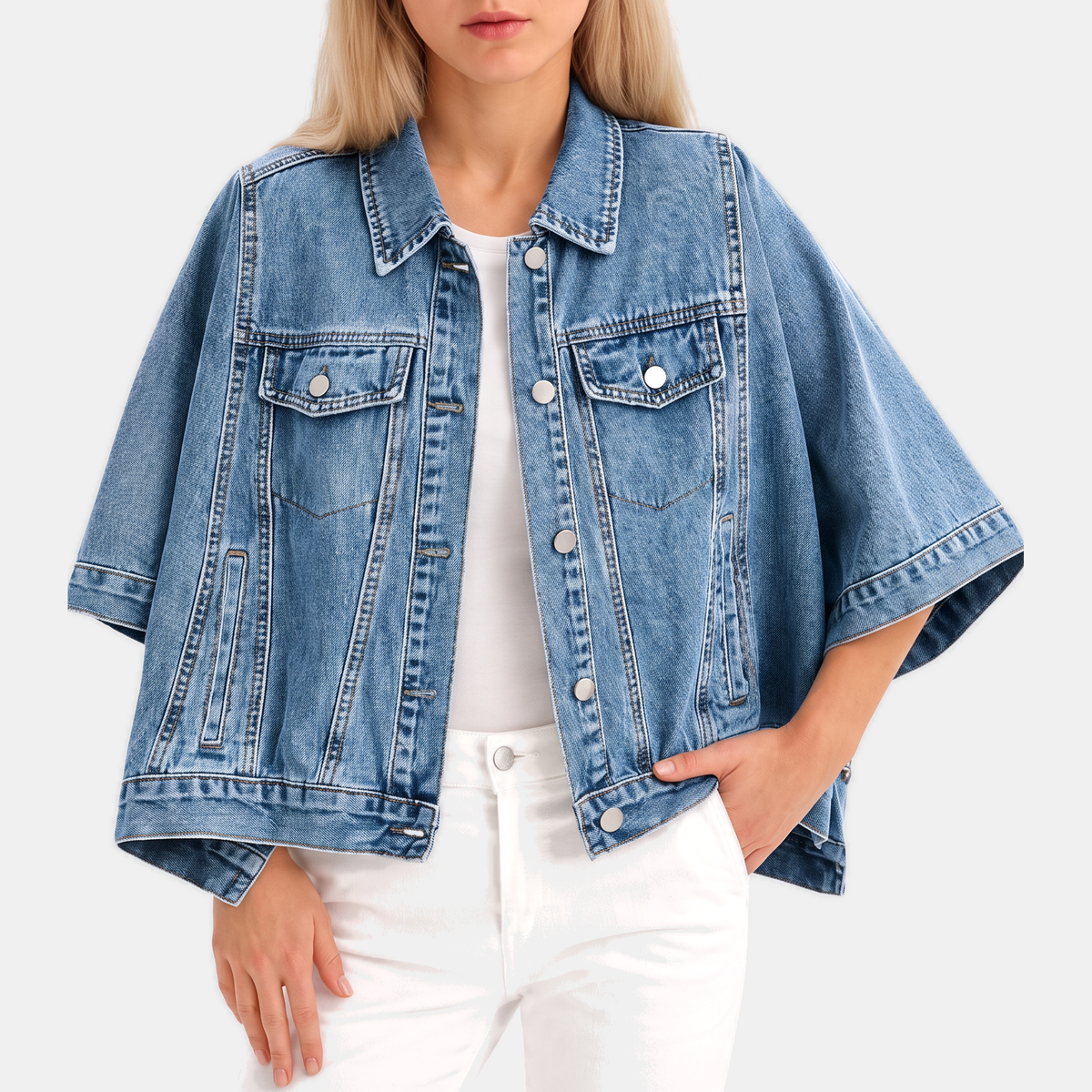 Women's Batwing Sleeve Cropped Denim Jacket Oversized Cape