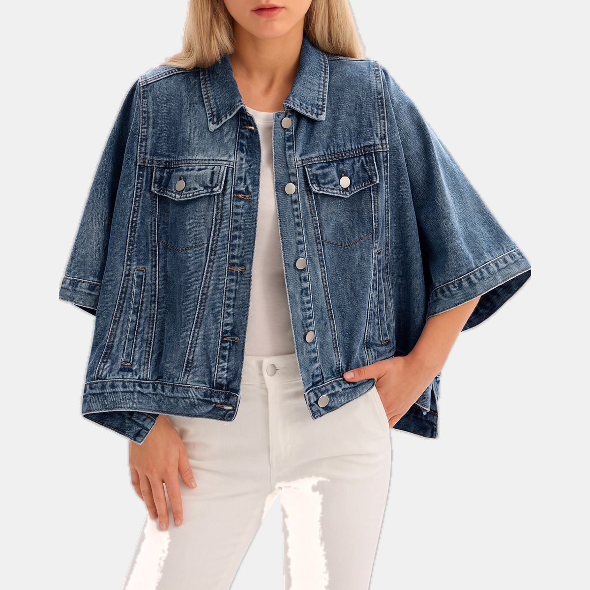 Women's Batwing Sleeve Cropped Denim Jacket Oversized Cape