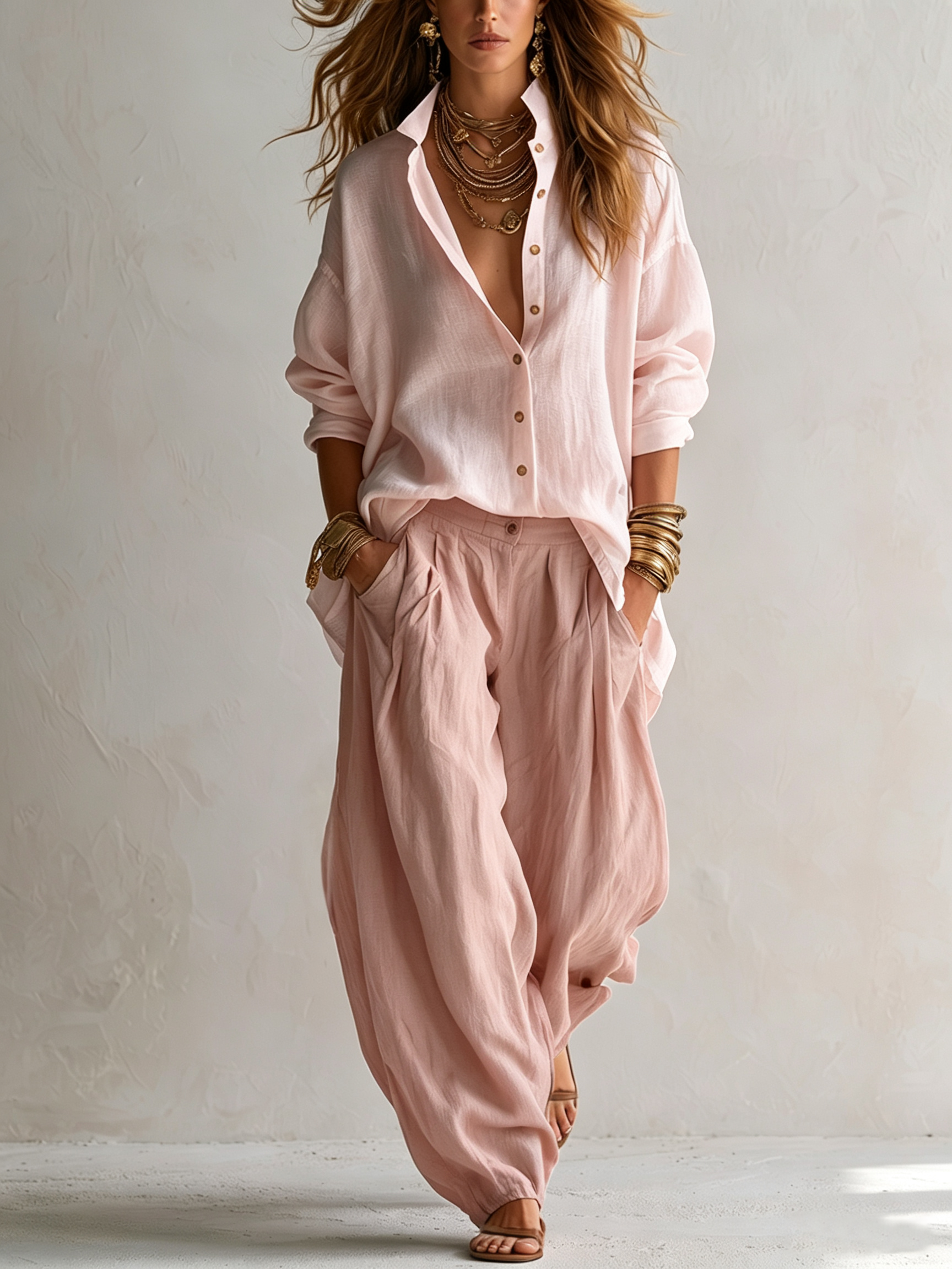 White Loose Shirt And Green Wide-leg Lantern Pants Suit