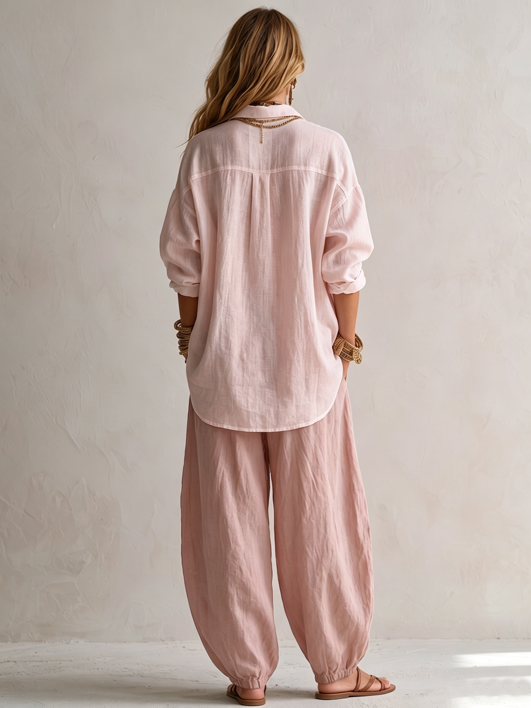 White Loose Shirt And Green Wide-leg Lantern Pants Suit