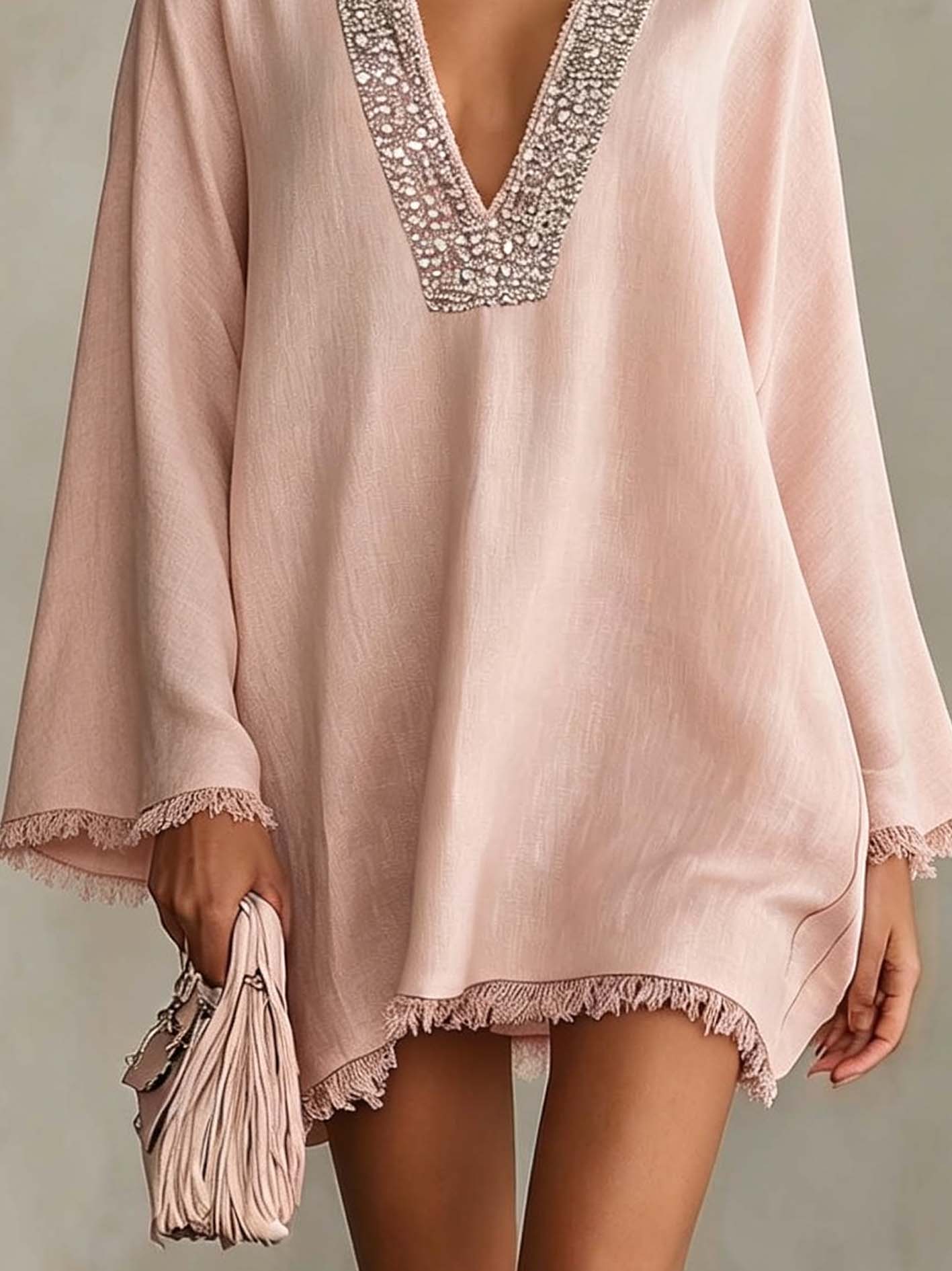 Light Pink V-neck Mini Dress With Rhinestone Trim And Fringed Hem