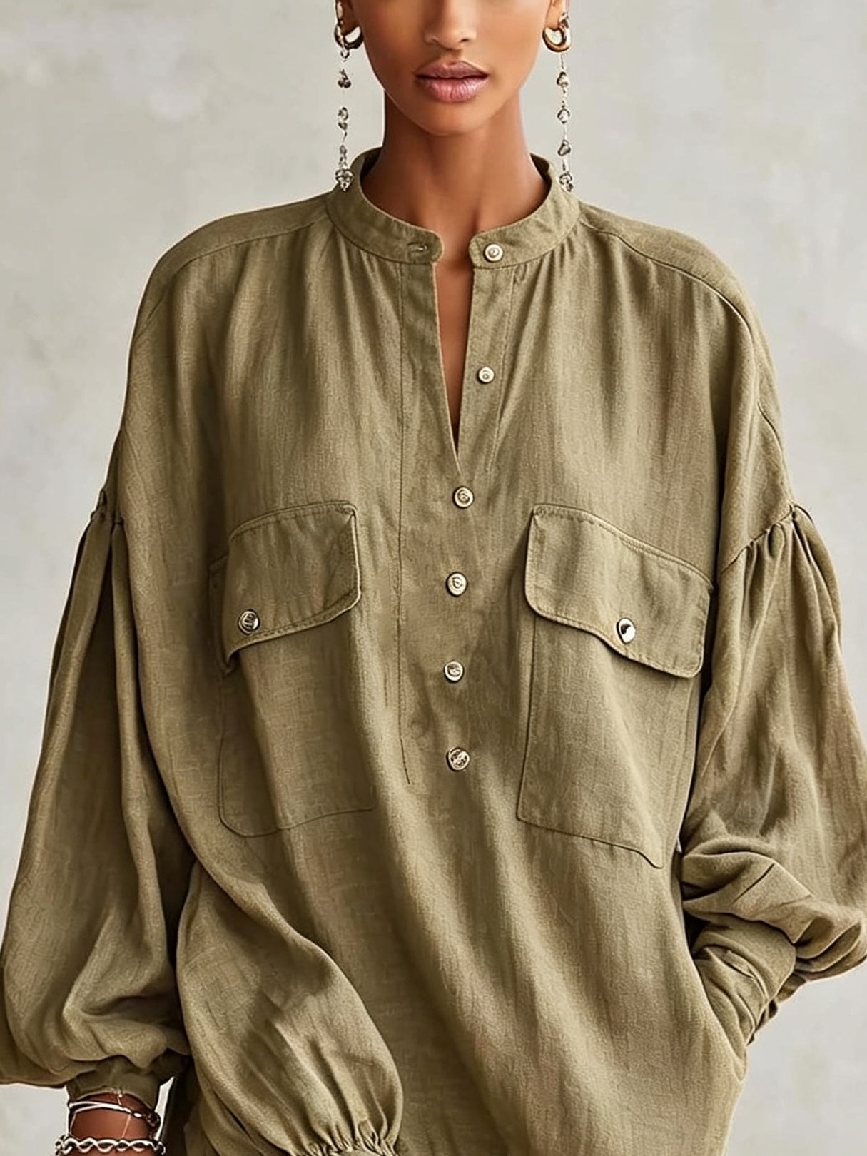 Olive Green Puff Sleeve Ruffled Hem Shirt Mini Dress