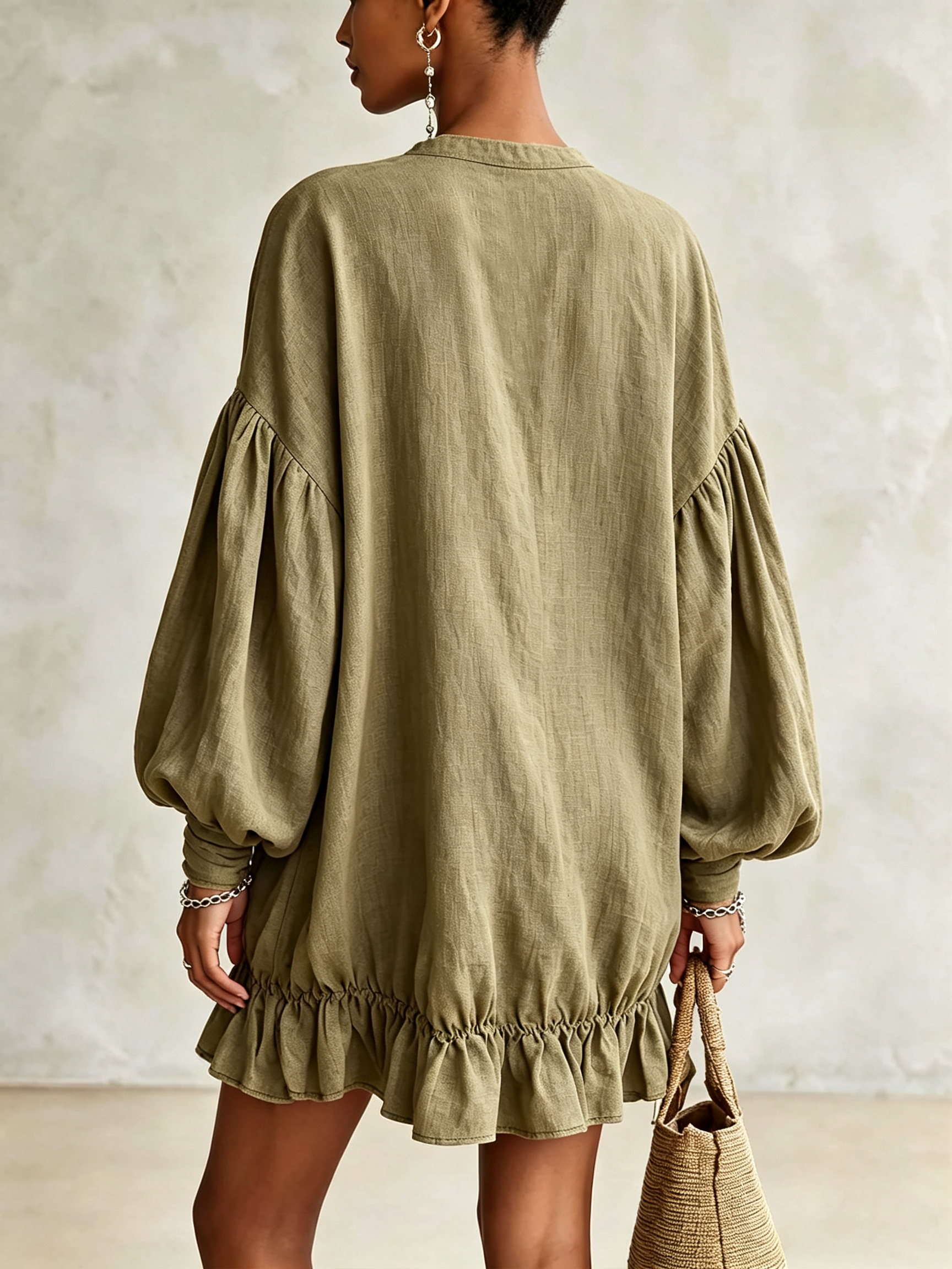 Olive Green Puff Sleeve Ruffled Hem Shirt Mini Dress