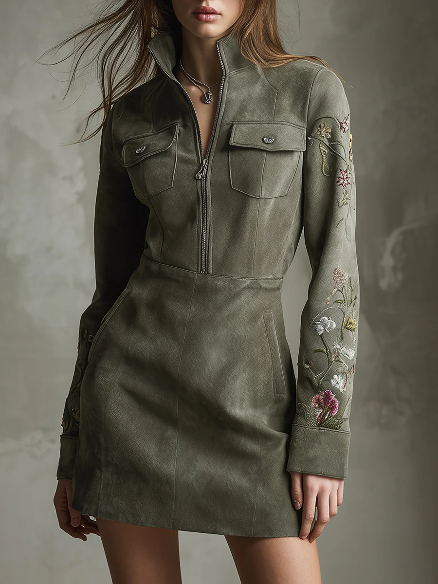 Maeve Embroidered Half-Zip Mini Dress