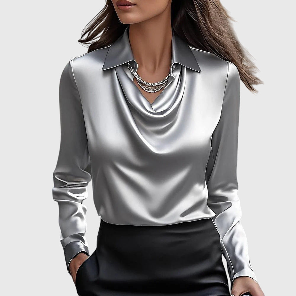 arlowe | Women's Elegant Satin Cowl-Neck Collared Blouse