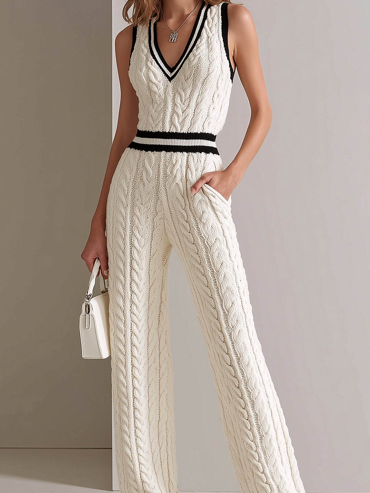 Sabine™ Cable Knit Cream Jumpsuit