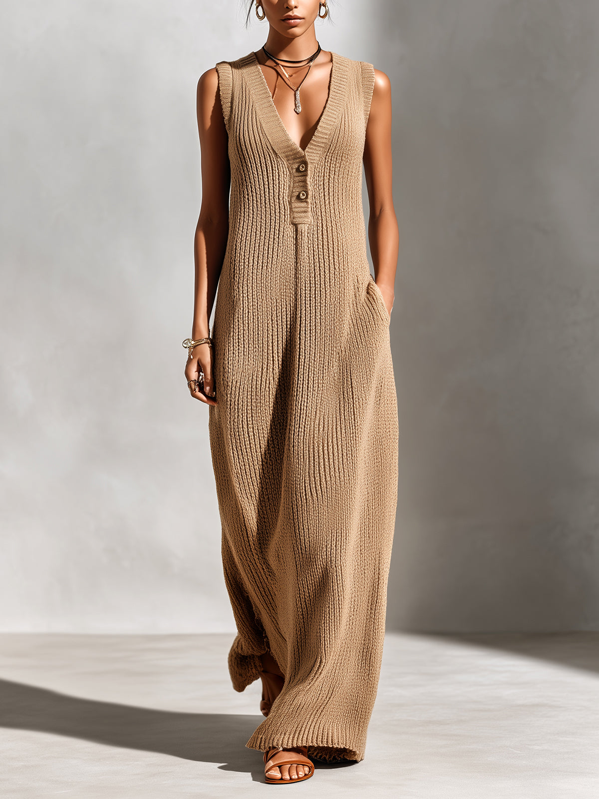 Iolanthe™ Camel Button Ribbed Maxi Dress