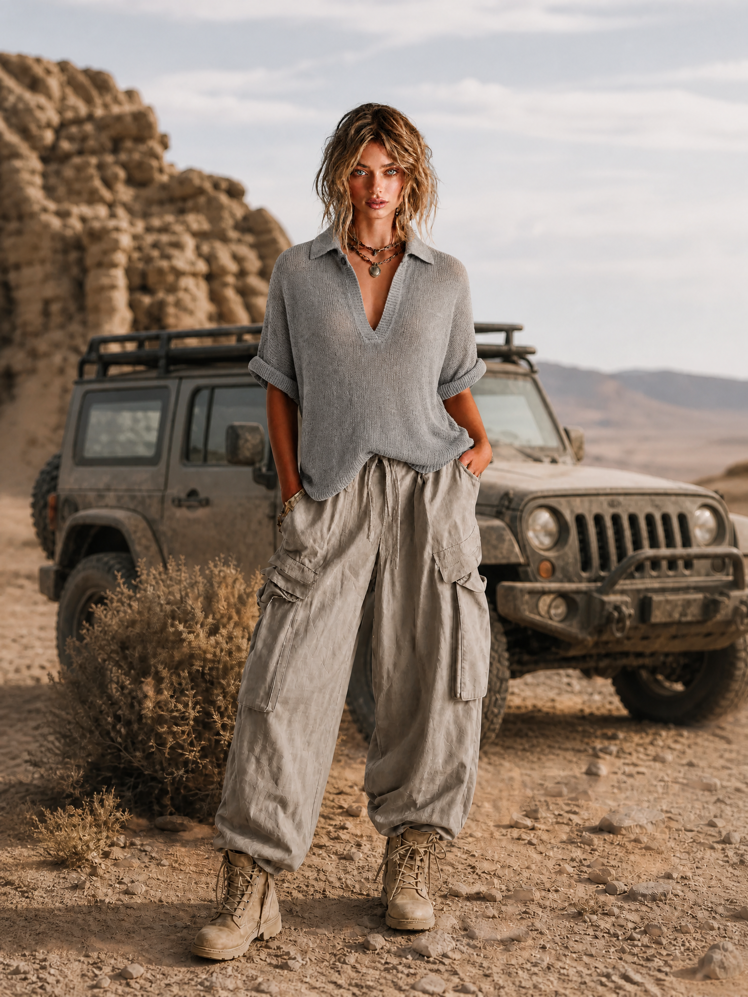 Beatrix™ Grey Button Mesh Sweater