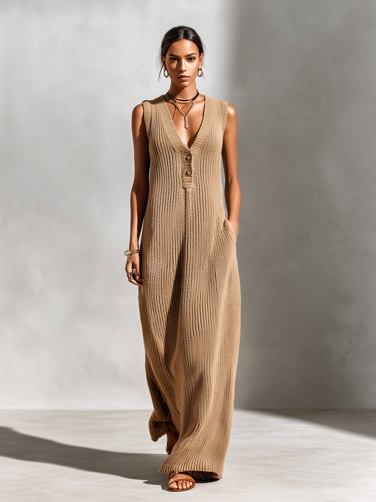 Iolanthe™ Camel Button Ribbed Maxi Dress