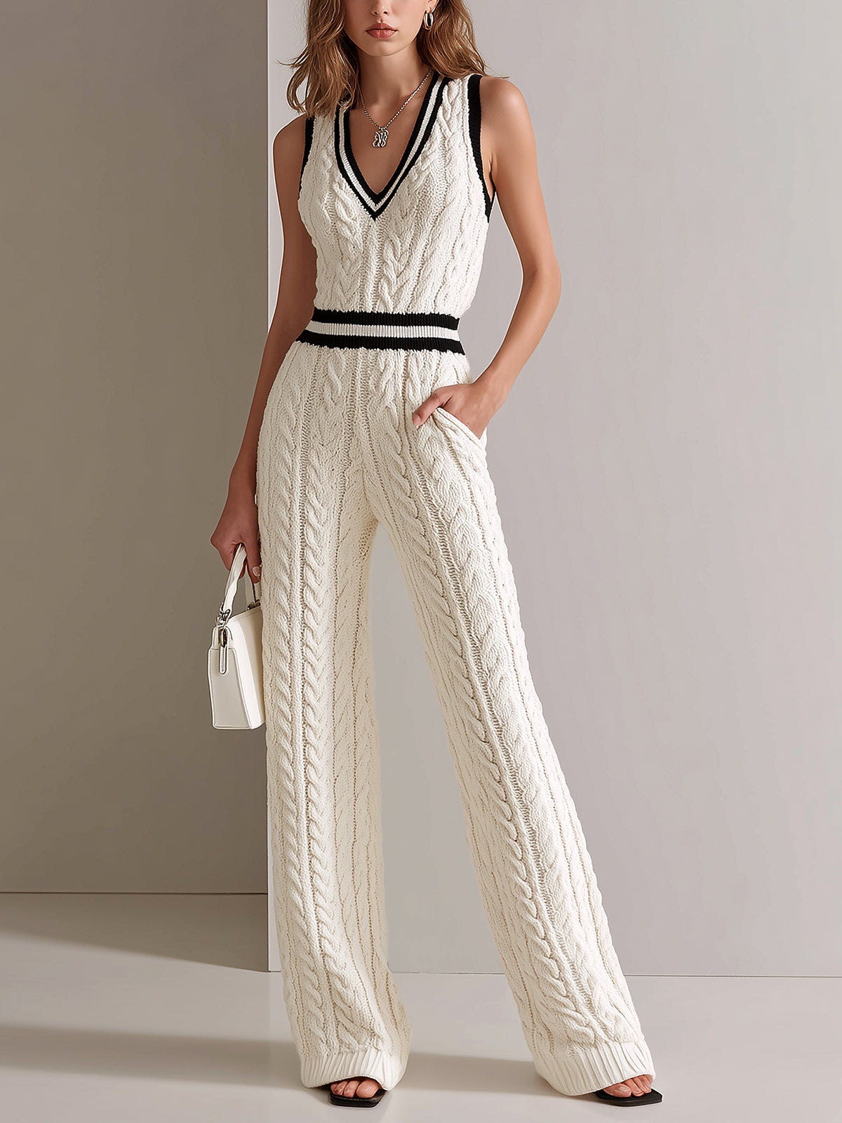 Sabine™ Cable Knit Cream Jumpsuit