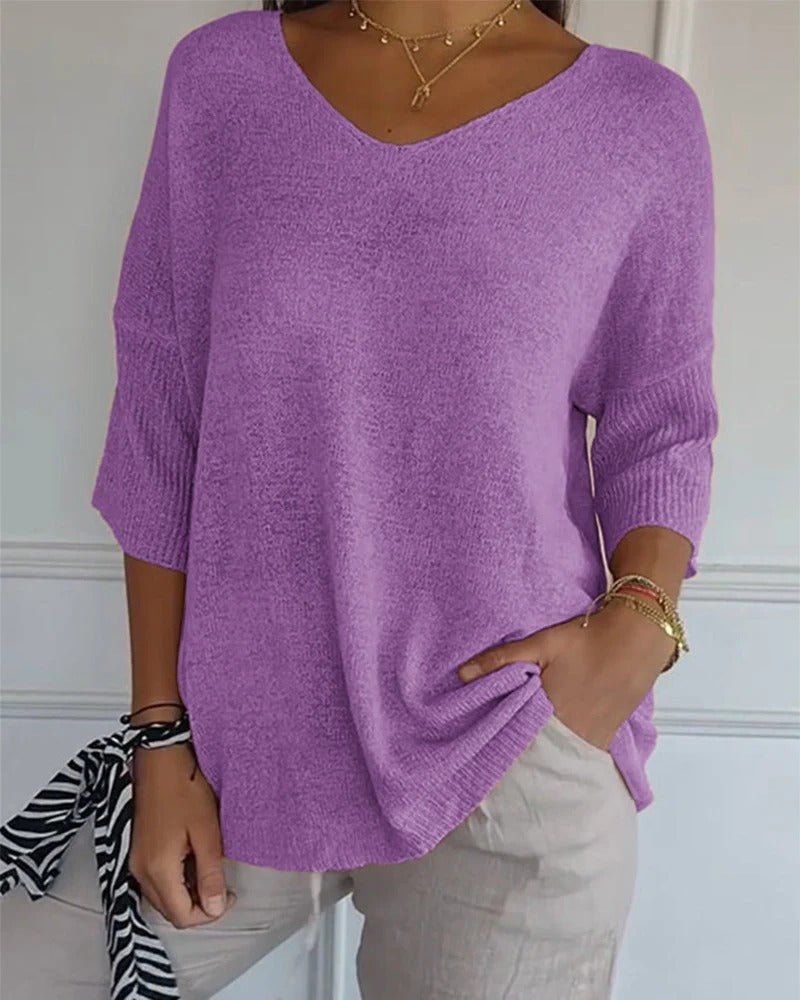 Gwen | Soft Knit 3/4 Sleeve V-neck Pullover Sweater