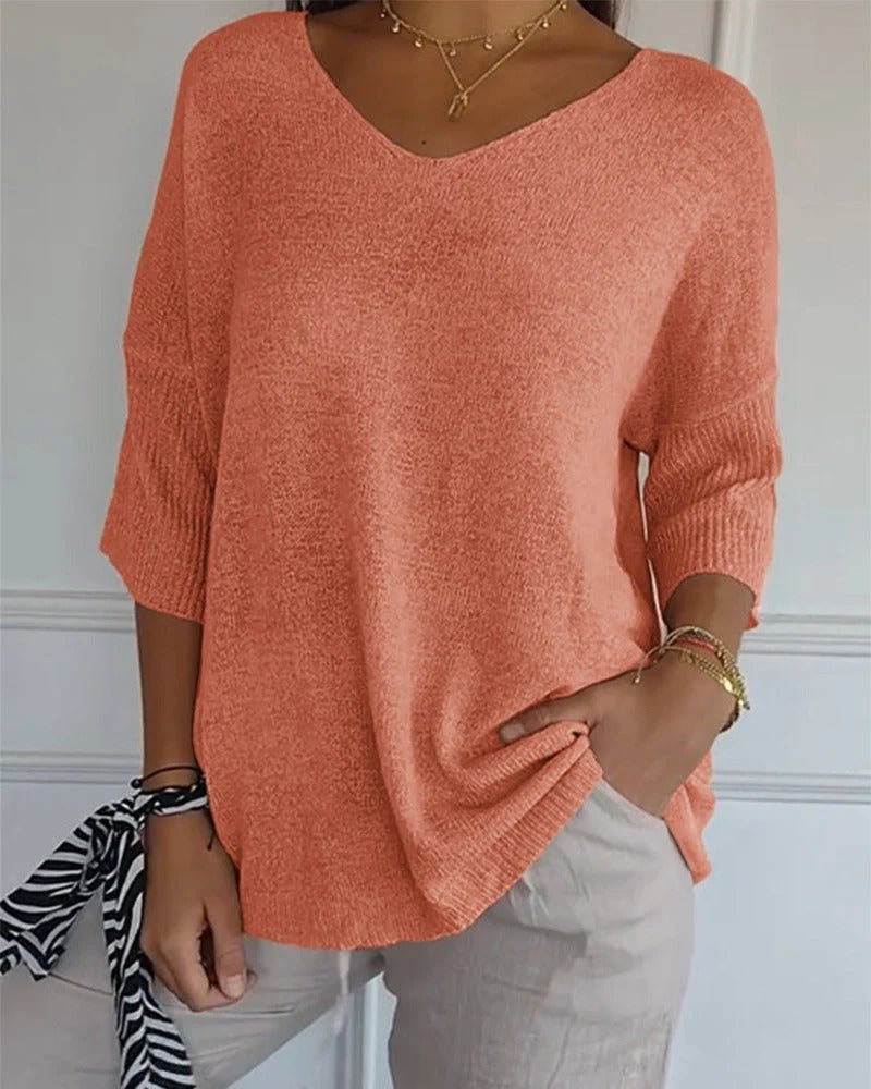 Elsie | Soft Knit 3/4 Sleeve V-neck Pullover Sweater