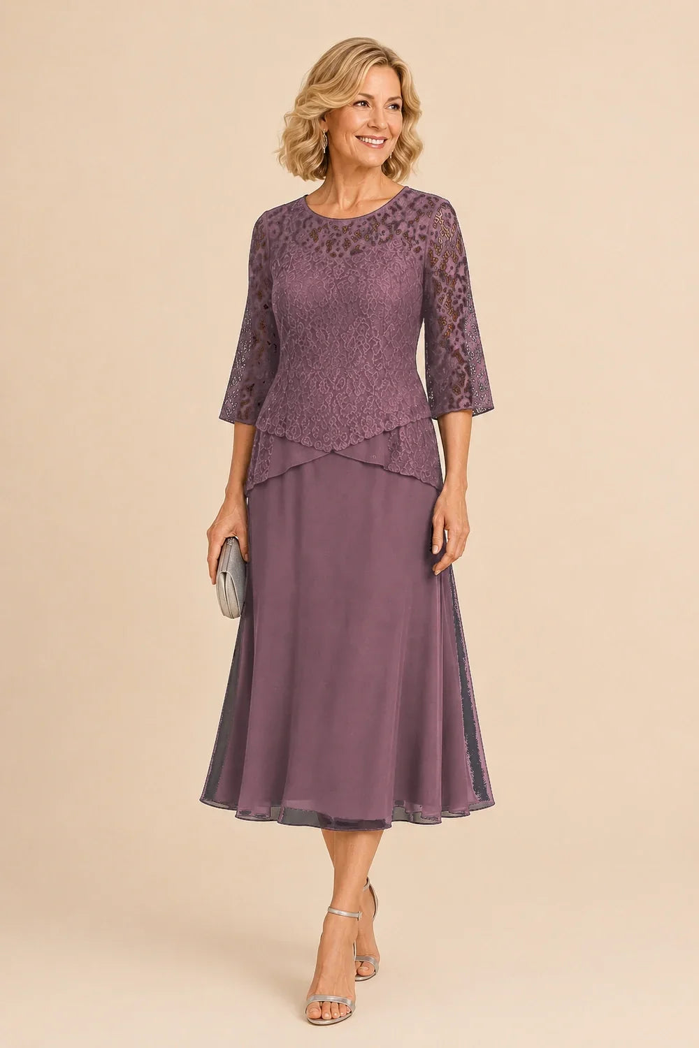 Beaded Lace Asymmetric Tea-Length Chiffon Dress