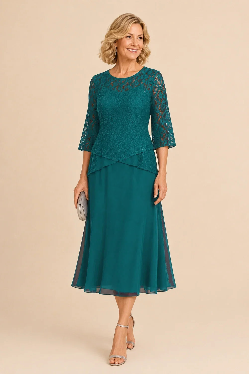 Beaded Lace Asymmetric Tea-Length Chiffon Dress