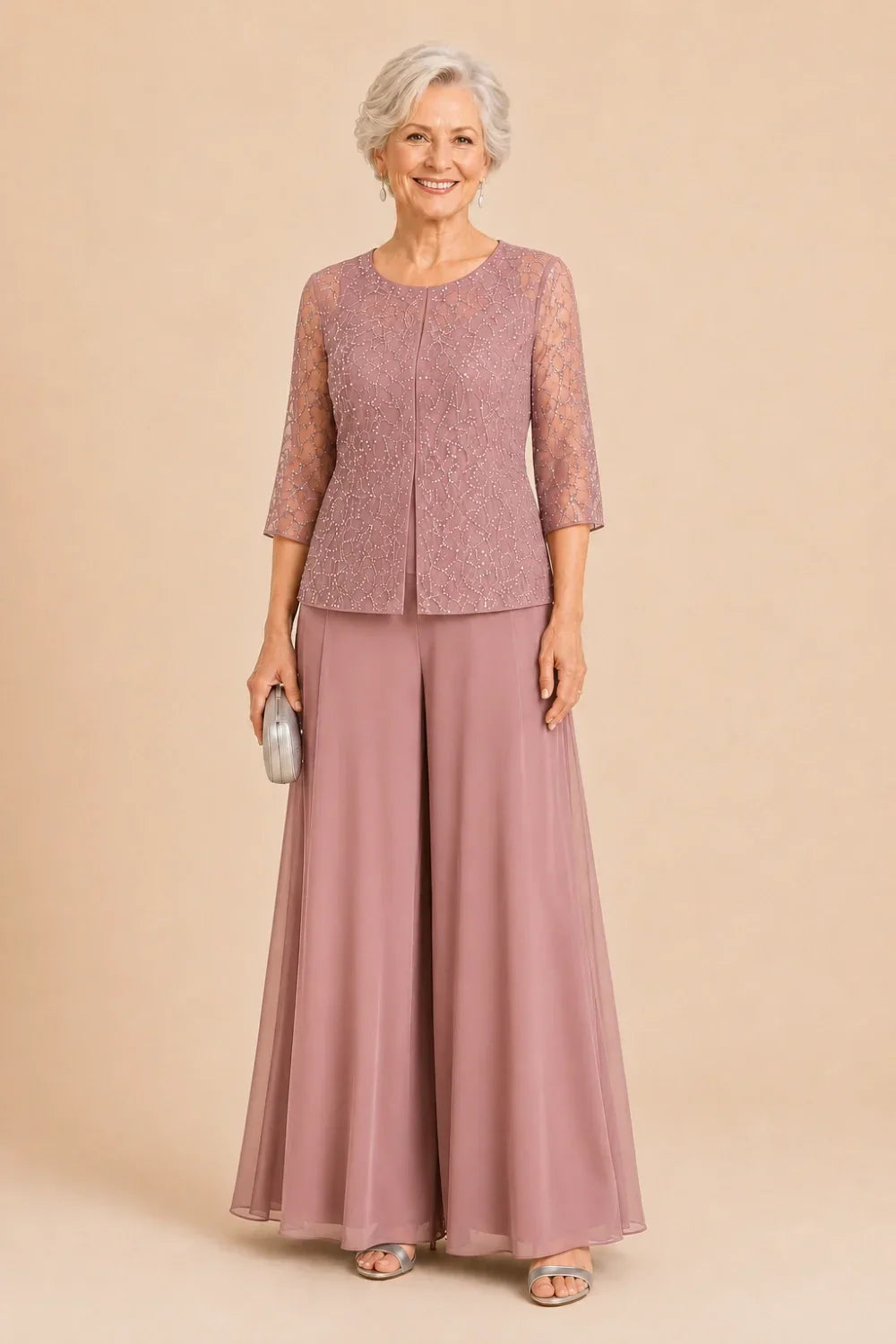 Beaded Lace Culotte Pant Suit with Chiffon Overlay