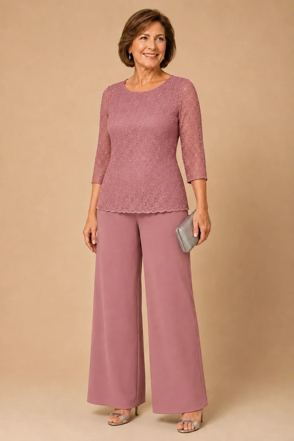 Beaded Lace Wide-Leg Pant Suit with 3/4 Sleeves