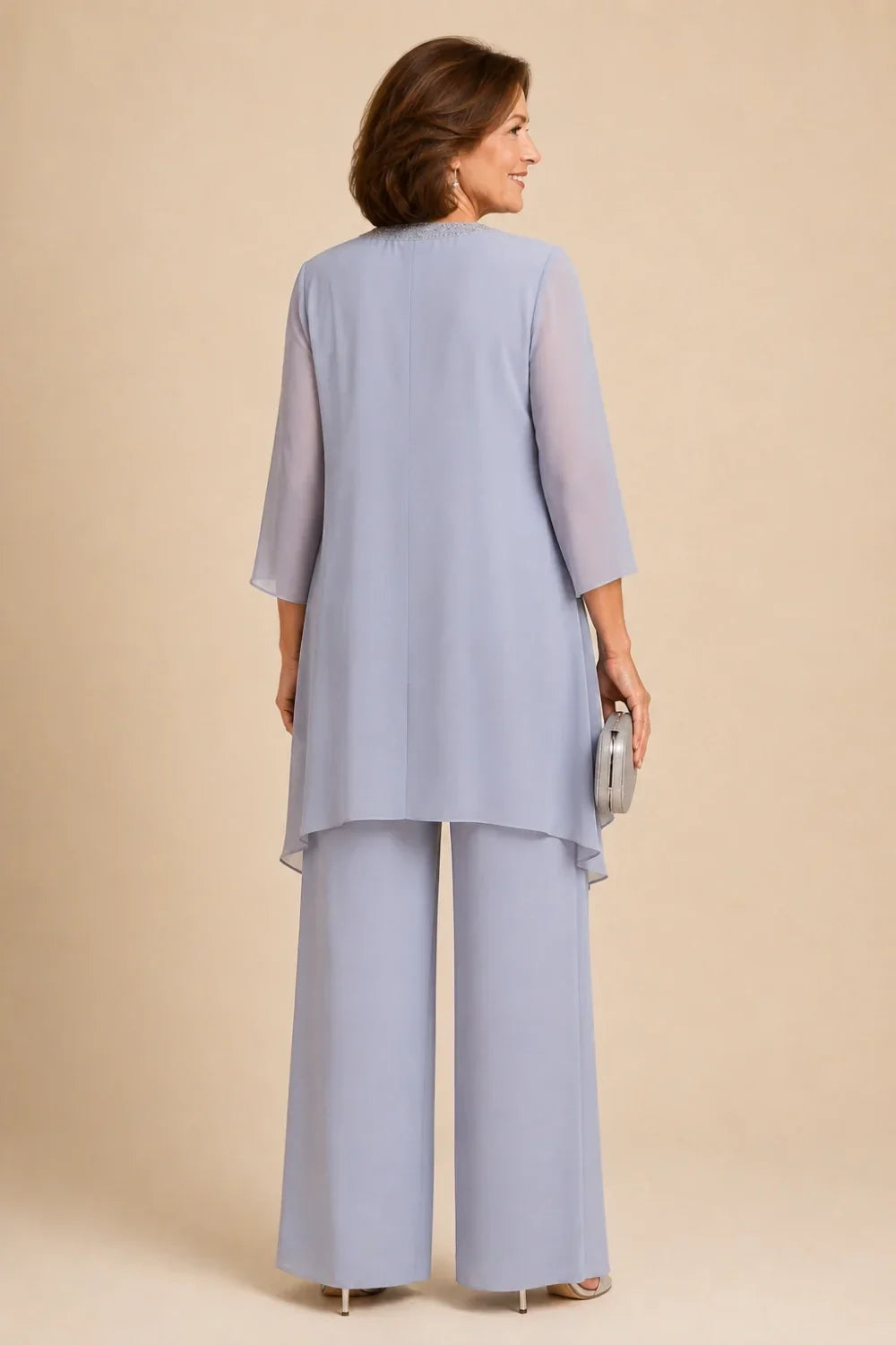 Beaded Three-Piece Chiffon Pant Suit with Draped Jacket