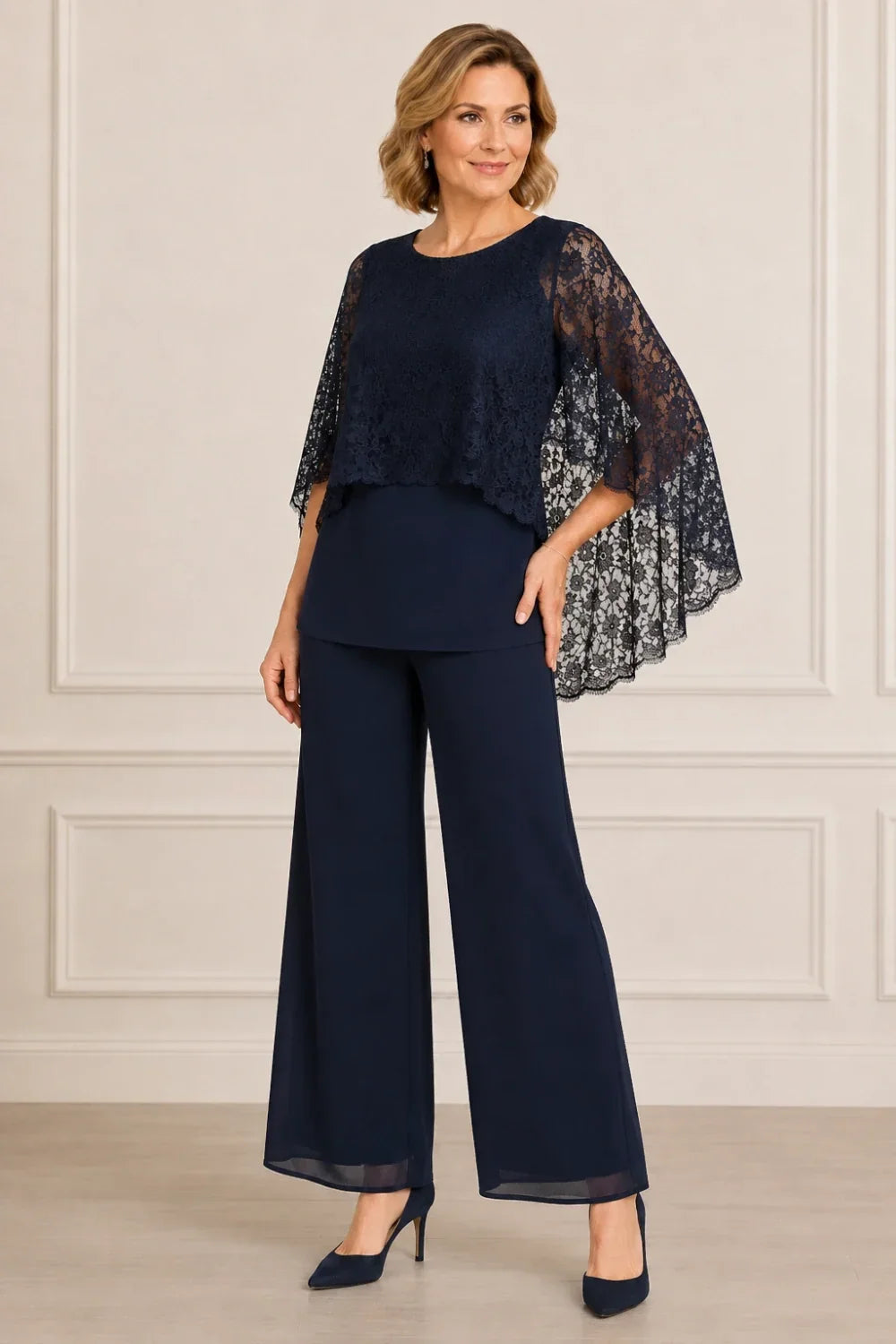 Lace Cape Mother of the Bride Pant Suit with Wide Legs