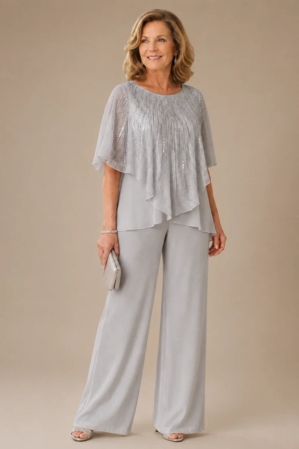 Sequin Capelet Chiffon Pant Suit with Wide-Leg Pants