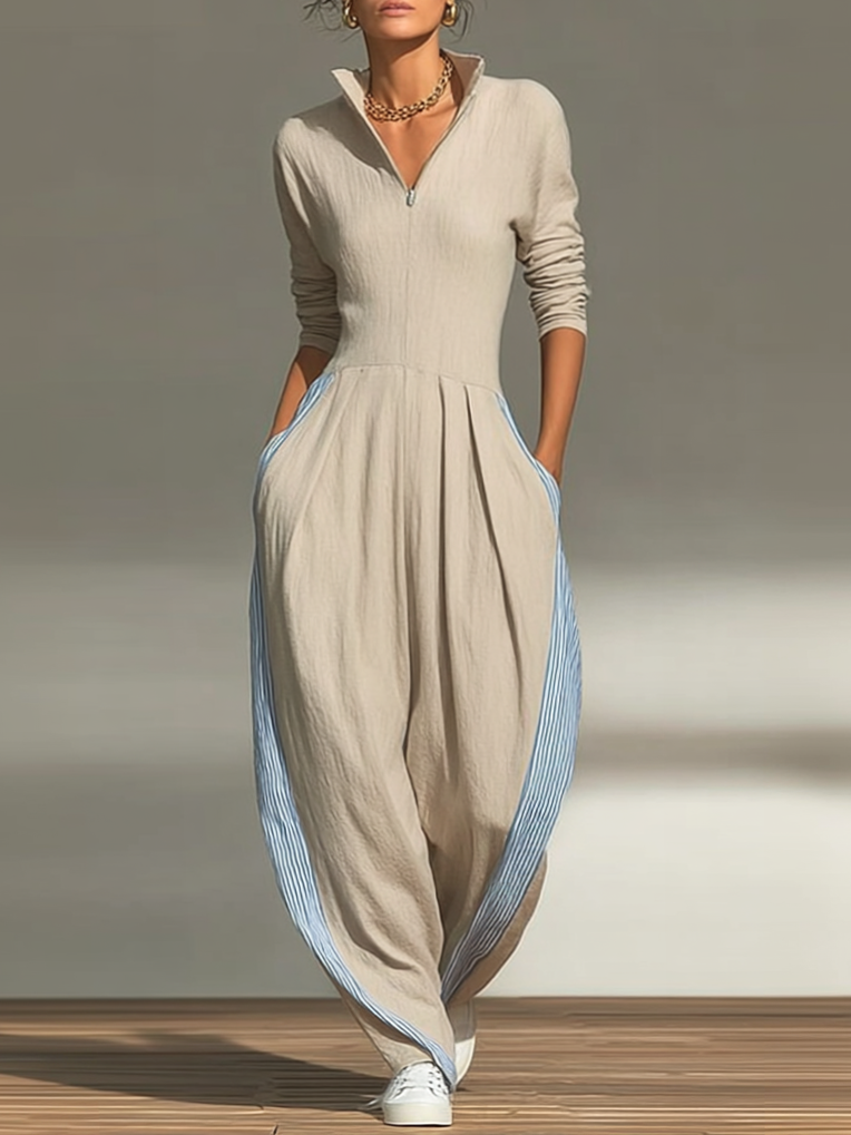 Structured Stand-Collar Striped Panel Jumpsuit